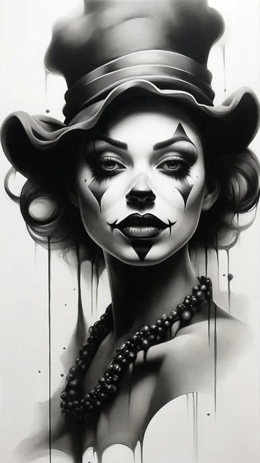 charcoal pencil drawing, 4k, realistic drawing, black and white drawing,black and white drawing of a woman with a clown makeup, monochromatic airbrush painting, airbrush on canvas, stunning artwork, black and white artwork, airbrush art , greyscale face painting, clown girl, black & white art, goth clown girl, chicano airbrush art, airbrush painting, creepy clown girl, detailed airbrush art