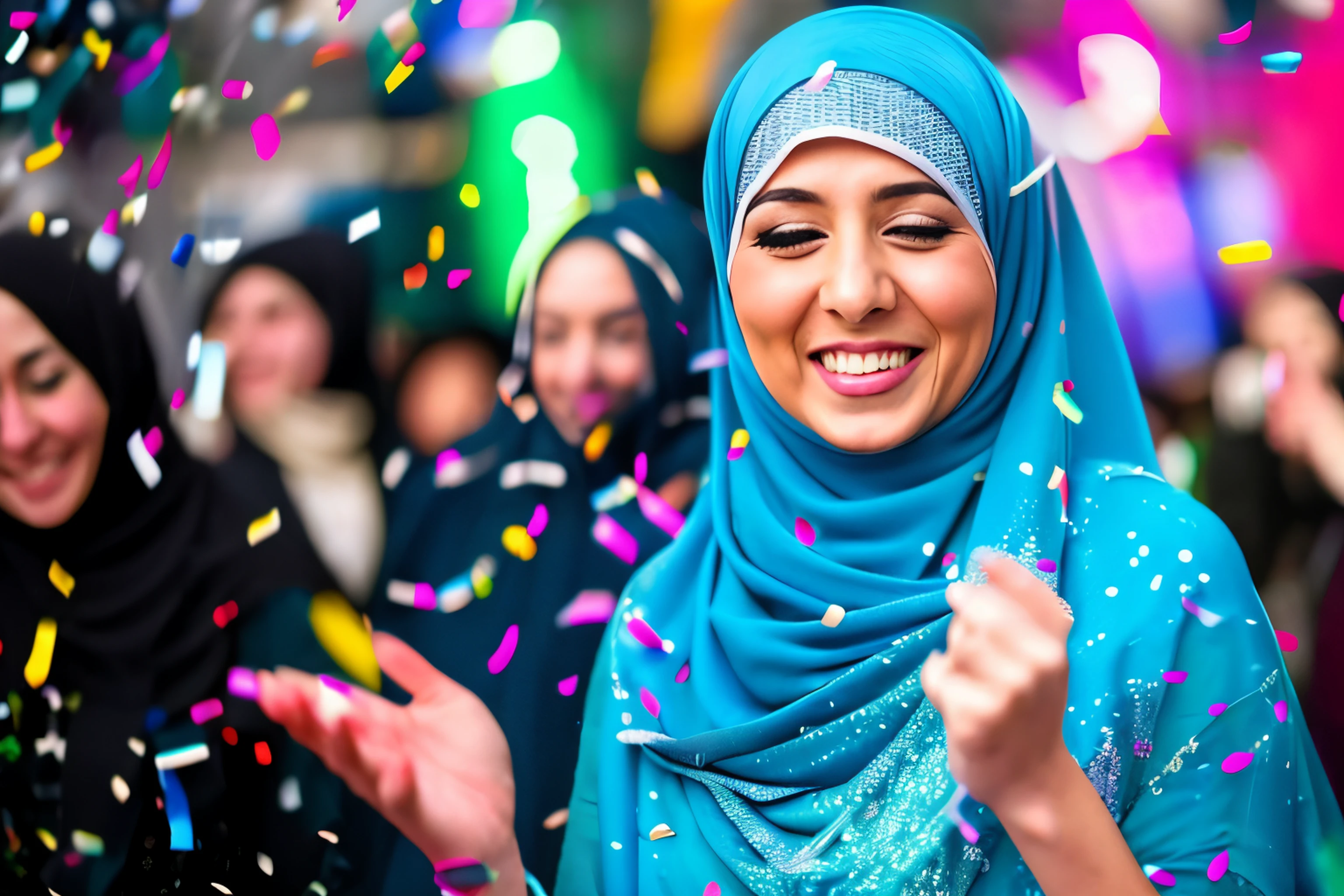 stock photo, a woman in hijab is smiling as confetti rains down all around her