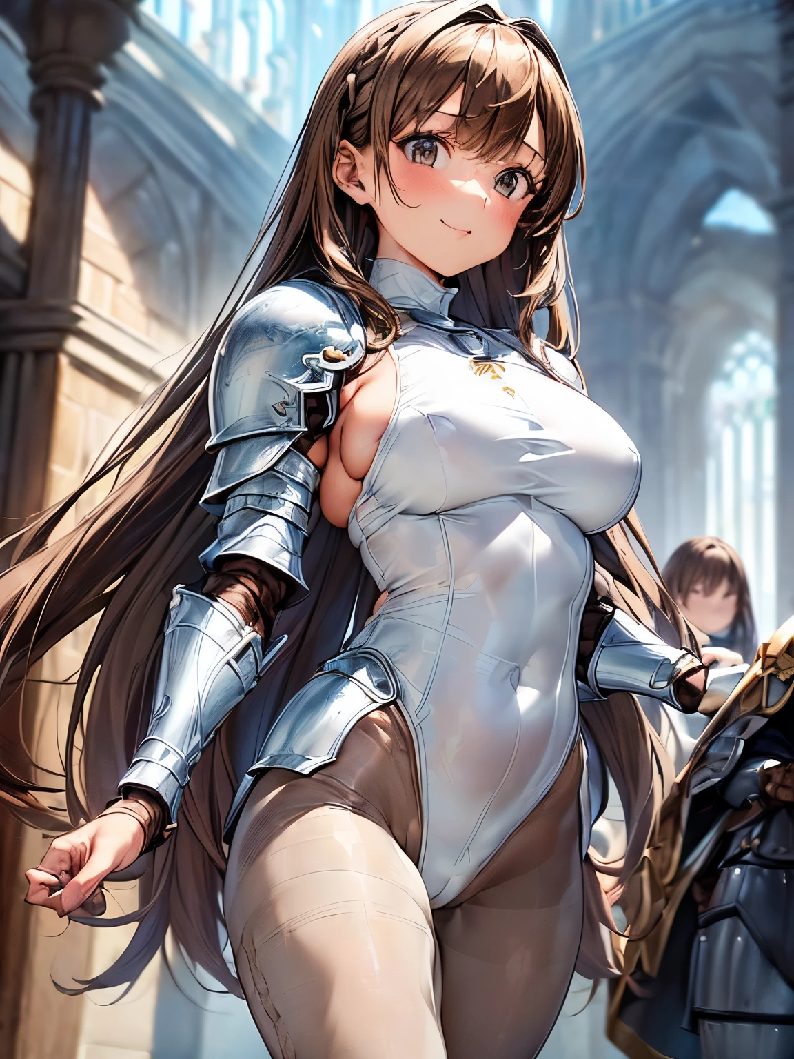 highest quality、complete limbs、Beautiful woman、solo、((brown haired woman:1.4))、((A woman with a tied hairstyle))、big breasted woman:1.3、female knight、(((A woman wearing a white long-sleeved high-neck leotard:1.3)))、(((woman wearing brown pantyhose:1.3)))、(((woman with full armor:1.5)))、smile、castle town、squirt