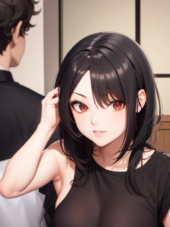 ((Obra maestra de anime TV)), (pareja chico y chica), plano medio, pareja hombre y mujer, chico el pelo es blanco y rojo, ojos rojos radiantes, (ojos bien definidos), rostro masculino, piel palida, sudadera roja..,/ chica adulta, el pelo es gris y negro, ojos verde radiantes, (ojos bien definidos), bonito rostro femenino, sonrisa coqueta, piel palida, vestido corto.., ella sentada sobre el mirando se con deseo -auto