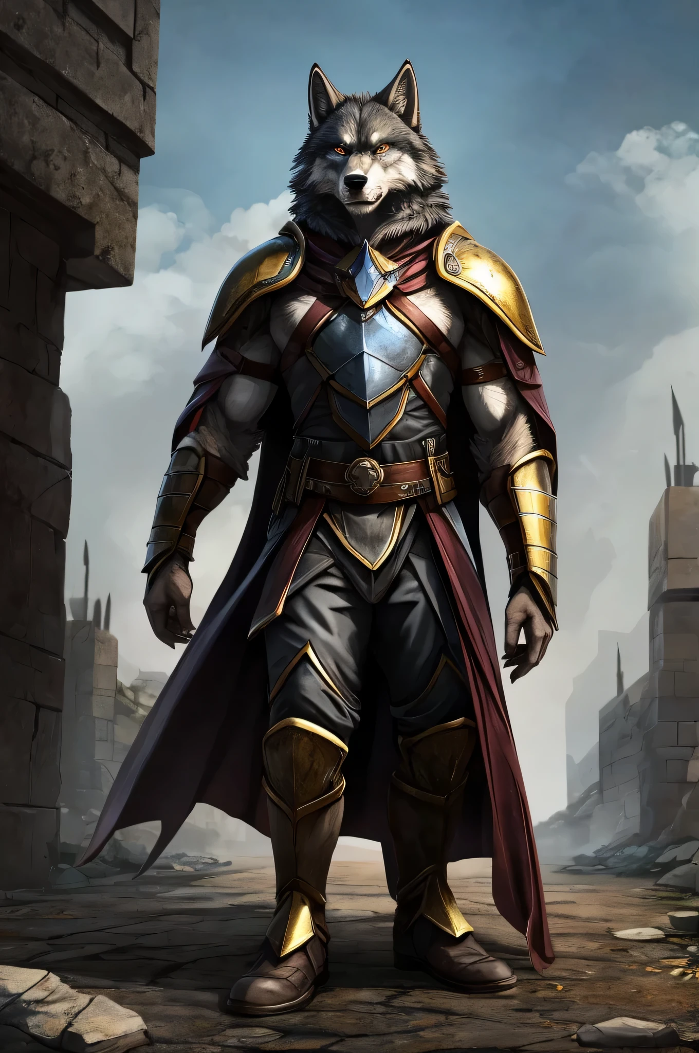 Garru has an imposing figure and a muscular body,This shows his strength and leadership。. His face shows a combination of human and wolf features.: Have a strong square jaw, Pointy wolf ears stick out from the messy hair,bright eyes full of determination. Its dark grey fur is adorned with lighter markings..,highlight its fur., He has visible scars on his face and arms...., Witnesses of the battles he endured.
Clothes that suit you, Can wear basic armor made of leather and metal, Shows signs of use and maintenance. when he led the uprising,He can also wear a long flowing cloak behind him., Add a touch of drama to your look.
Judging from facial expressions, Jialu'The expression is firm and resolute, The frown shows his determination and concern for his people'reason. full-body shot