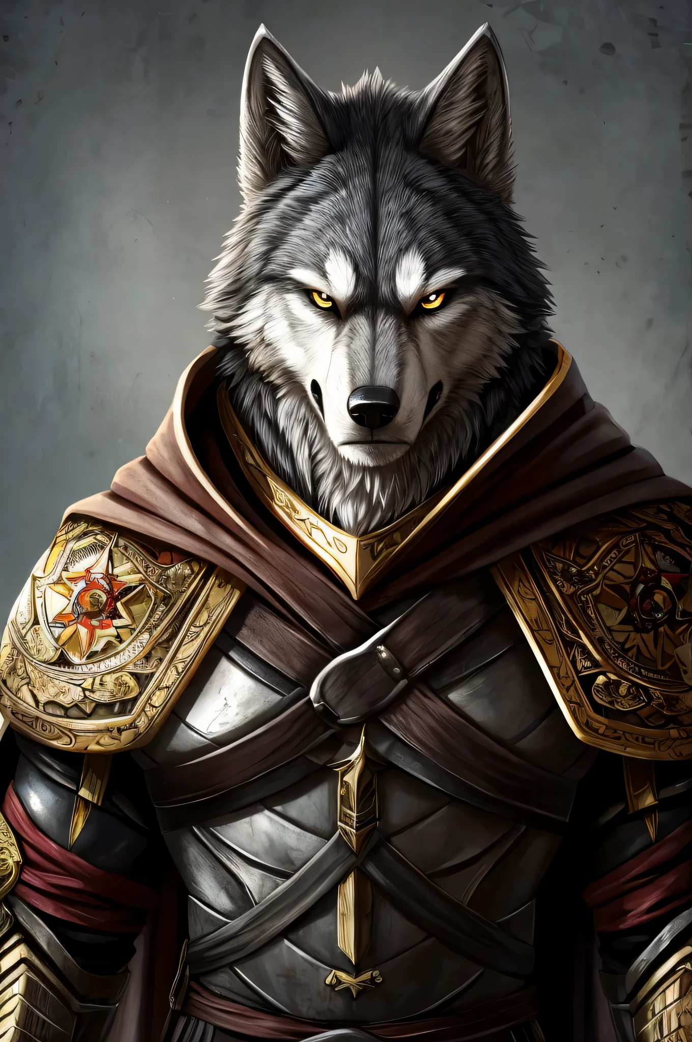 Garru has an imposing figure and a muscular body,This shows his strength and leadership。. His face shows a combination of human and wolf features.: Have a strong square jaw, Pointy wolf ears stick out from the messy hair,bright eyes full of determination. Its dark grey fur is adorned with lighter markings..,highlight its fur., He has visible scars on his face and arms...., Witnesses of the battles he endured.
Clothes that suit you, Can wear basic armor made of leather and metal, Shows signs of use and maintenance. when he led the uprising,He can also wear a long flowing cloak behind him., Add a touch of drama to your look.
Judging from facial expressions, Jialu'The expression is firm and resolute, The frown shows his determination and concern for his people'reason. full-body shot