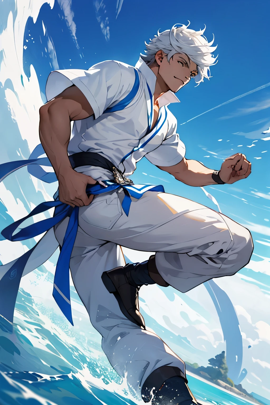 ((Melhor qualidade)), (detalhado), terno branco, luvas pretas, cabelo branco, sapato branco, homem