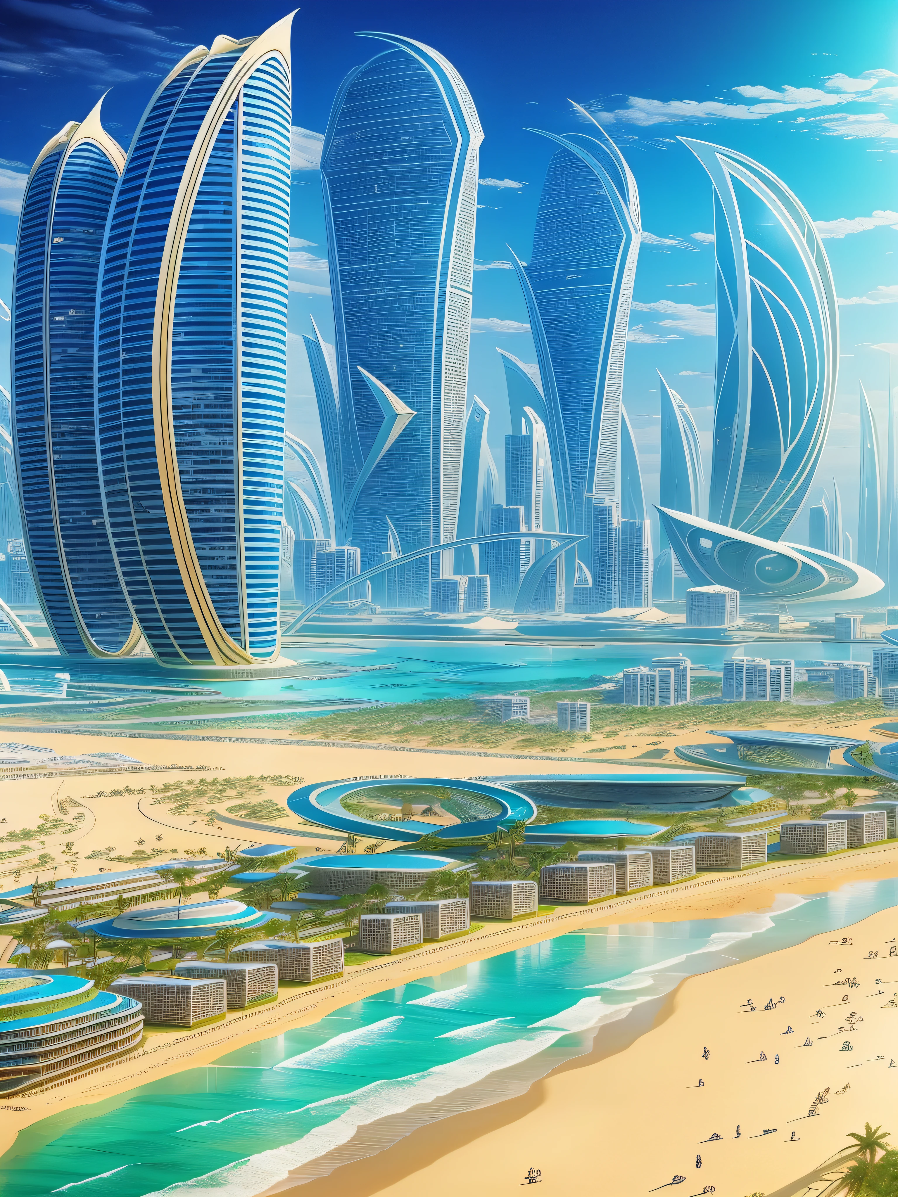 futuristic city, fantasy, 24th century, desert, sea, sandy beach