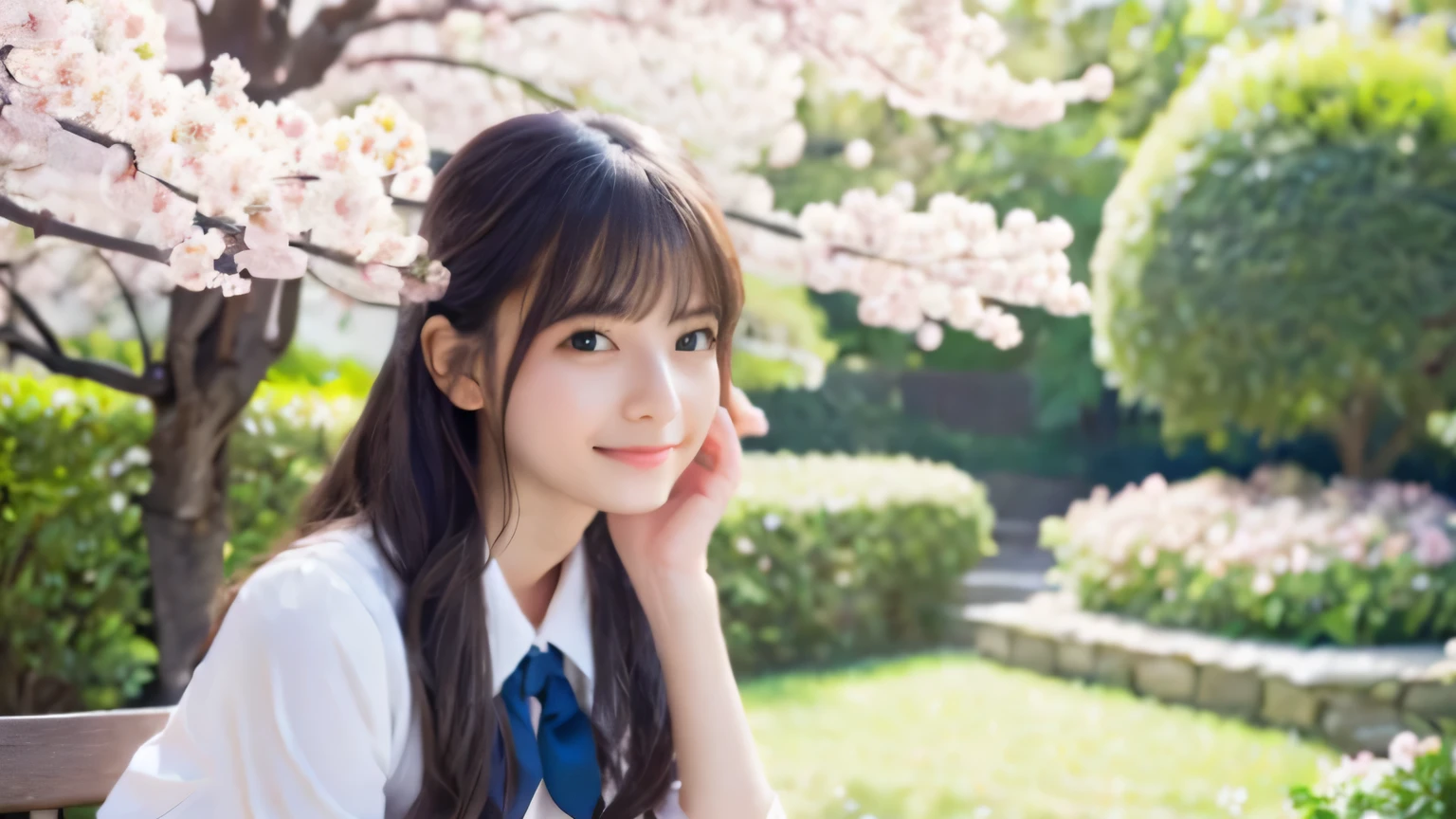 Top quality school uniforms,4k,8K,High resolution,masterpiece:1.2,Super detailed,realistic:1.37,portrait,soft colors,Gentle light,A girl with an ennui expression,flowing long hair,delicate features,white skin,happy look,vintage setting,soft pastel colors,great atmosphere,,dream-like composition,distant gaze,quiet garden,delicate flowers,romantic atmosphere,impressionist background,calm colors,soft shadow、Cherry-blossom viewing、plump breasts、Please take only one photo、girl sitting、wearing 、happy smile、