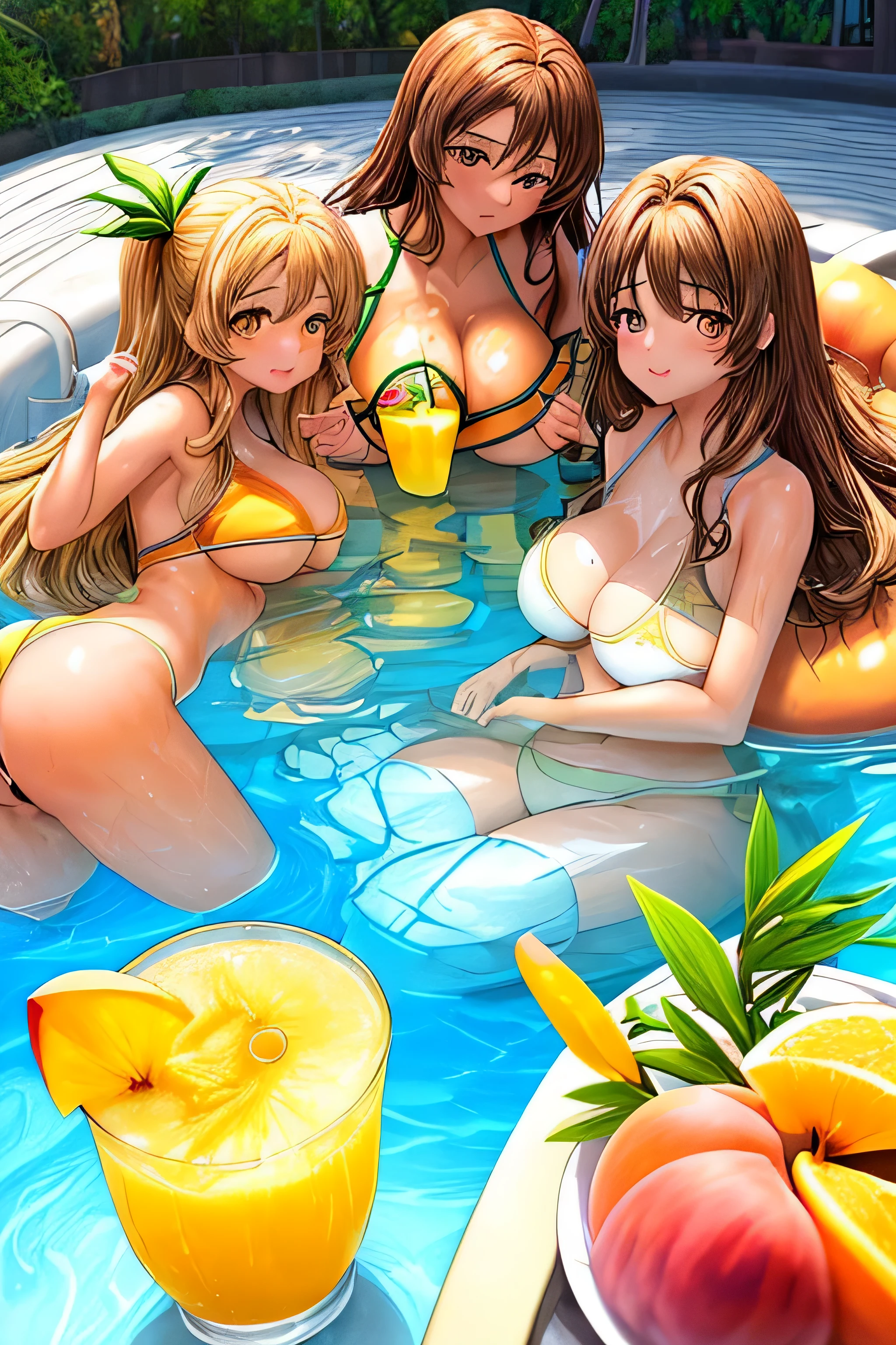 High resolution, high quality, 2 girls, anime girl, brown long hair, brown eyes,heart-shaped pupil, Green glasses, tanned skin, big breasts,beautiful breasts,,Yellow shower,Yellow squirt water, (big ass),beautiful butt,White high leg water wear,squat,(drink a lot of juice),(inflate one's stomach),(Apple juice),(peach juice),(lemonade),(lemon juice),(orange juice),(mango juice),(Binapple juice),(water),By the pool