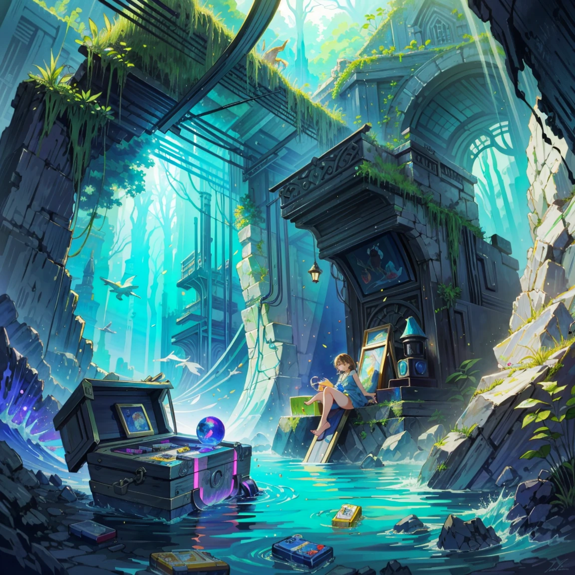 (best quality,4k,8k,highres,masterpiece:1.2),pixel art,aerial view,top down perspective,(A character diving into a treasure chest full of retro video game cartridges:1.6),(The scene unfolds inside a magical cavern:1.4), (fantasy and sci-fi mixed), vibrant colors, glowing lights, (abandoned machinery), mystical creatures, pixelated details, crystal formations, floating islands, (futuristic technology), (ancient artifacts), mystical energy, vibrant retro aesthetic, atmospheric lighting, hidden passages, ancient ruins, mysterious symbols, shimmering water, lush vegetation, towering rock formations, interdimensional portals, ethereal music, nostalgic atmosphere, immersive storytelling, epic adventure, delightful surprises