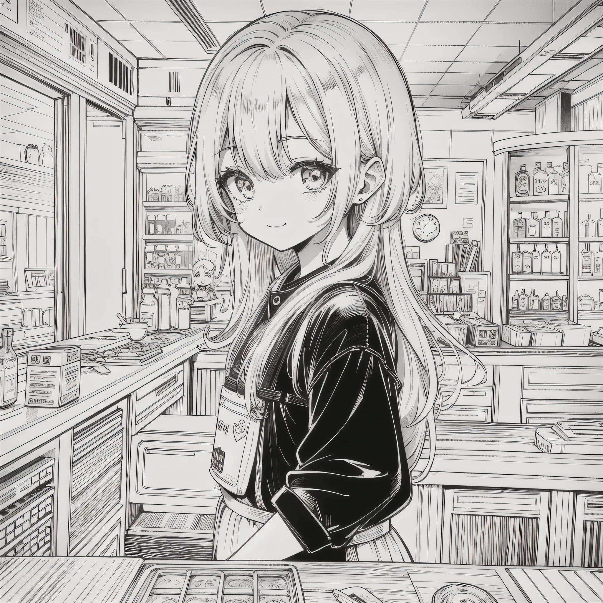 perfect composition、Perfect pictorial composition、Chica de dibujos animados con cabello largo、cartoon art style、Chica linda de dibujos animados、chica chibi、Chibi、Lindo estilo de dibujos animados、lindo estilo de arte、estilo de dibujos animados、estilo de dibujos animados illustration、Arte digital de los dibujos animados、lindo arte digital、linda chica anime、Chibi、estilo chibi、chica kawaii、un dibujo animado、arte pop、estilo de dibujos animados illustration、3Equivalent、Cabeza grande、ojos kawaii、radiant eyes、ojos chispeantes、caras kawaii、cara inocente、pelo liso、PELO NEGRO、PELO NEGRO、helado、Cooking helado、smile kindly、having a helado、helado shop、helado、empleado de la tienda, boceto, arte linel