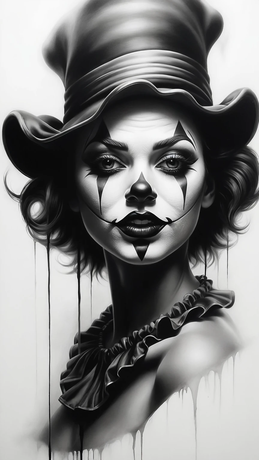 charcoal pencil drawing, 4k, realistic drawing, black and white drawing,black and white drawing of a woman with a clown makeup, monochromatic airbrush painting, airbrush on canvas, stunning artwork, black and white artwork, airbrush art , greyscale face painting, clown girl, black & white art, goth clown girl, chicano airbrush art, airbrush painting, creepy clown girl, detailed airbrush art
