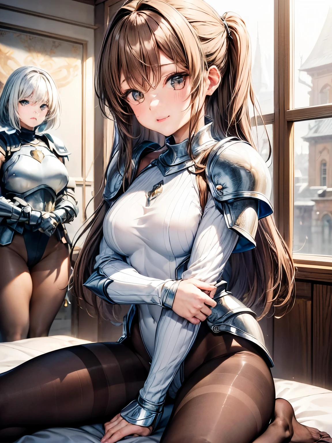 highest quality、complete limbs、Beautiful woman、solo、((brown haired woman:1.4))、((A woman with a tied hairstyle))、big breasted woman:1.3、female knight、(((A woman wearing a white long-sleeved high-neck leotard:1.3)))、(((woman wearing brown pantyhose:1.3)))、(((woman with full armor:1.5)))、smile、castle town、squirt、squirtの縁に座る女性