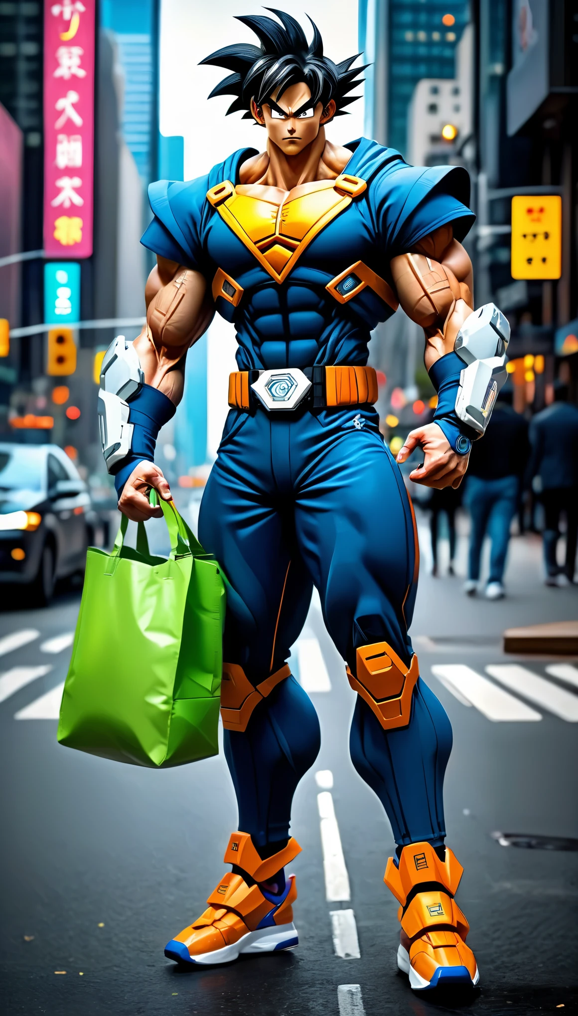 wearing cybernetic suit, muscular and athletic physique, extremely large, hair like Goku's Super Saiyadin, wearing suit cyber suit, muscular and athletic physique, full profile, full body, wearing jeans and shoes, short hair, warrior, barbarian, chest and abdomen visible, cyberpunk style, vibrant colors, intense lighting, walking through the streets of New York, showing buildings and people in the background, realistic, real photo, with 1 green bag under the arm, vibrant colors,