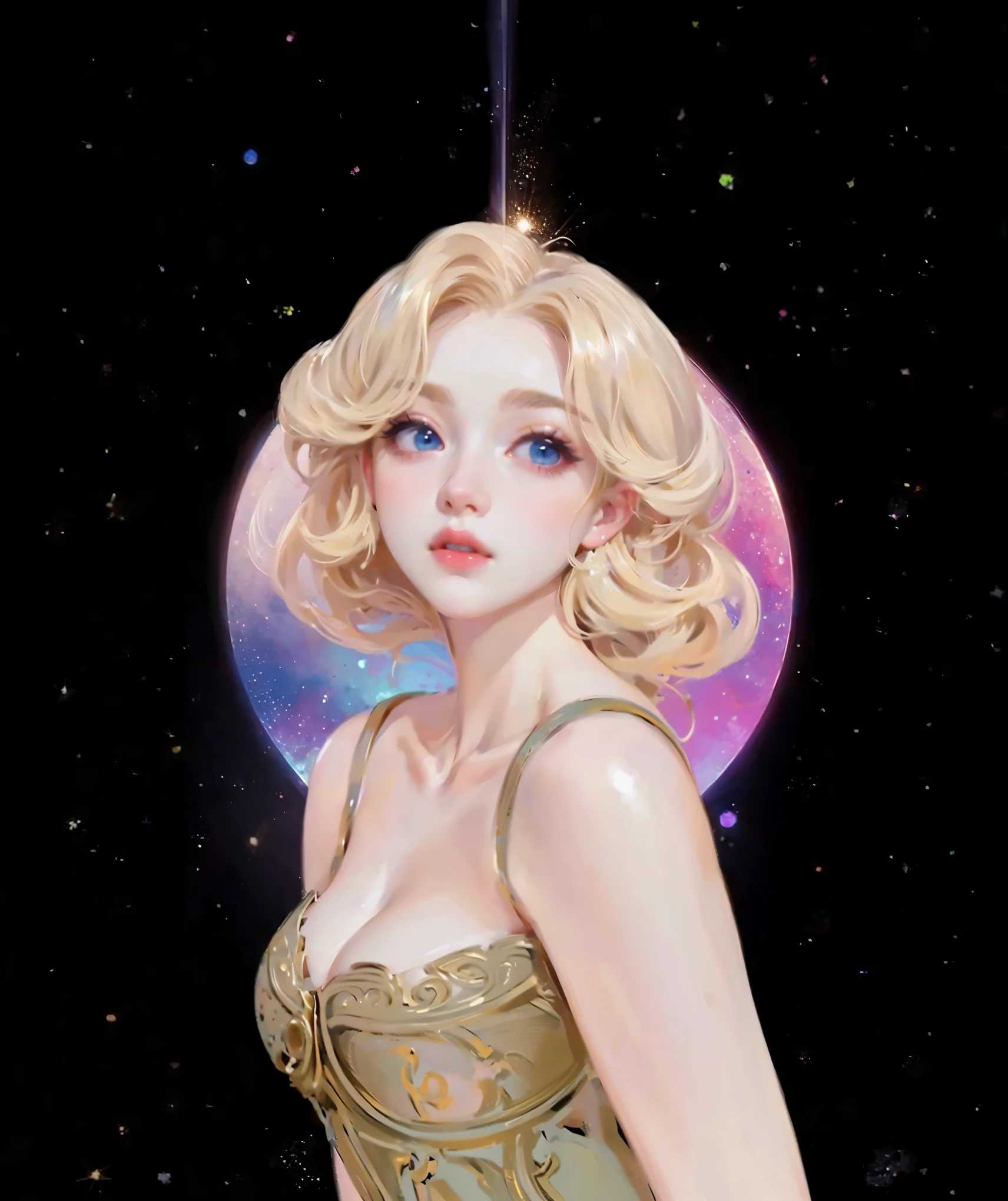 1girl, solo, beautiful detailed eyes, beautifully detailed lips, pale skin, delicate features, porcelain-like complexion, elegant pose, graceful posture, ethereal beauty, light and airy atmosphere, soft and subtle lighting, floating in the breeze, delicate, fine brushstrokes, realistic rendering, vibrant colors, dreamlike ambiance, soft painting style, a sense of tranquility, a masterpiece capturing the essence of purity and grace, gorgeous breasts, cleavage, NSFW, sexy, ((aesthetic blurry background)), (Style by NTY), breasts, looking at viewer, short hair, blue eyes, blonde hair, Sydney Sweeney ,cleavage, bare shoulders, collarbone, upper body, parted lips, Sydney Sweeney face, lips, curly hair, cropped torso, looking up, space, big breast, sparkle, glowing, black background, star, space, planet