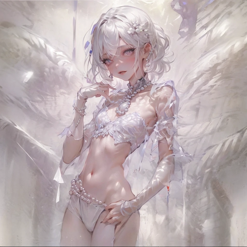 young woman、Child's face、very nice、Slim and beautiful、((small :1.2))、Well-drawn eyes、Charming eyes、Double tail、Wear jewelry and pearls around your neck,Transparent openwork、Deep V、crystal pearl、在Wear jewelry and pearls around your neck,White hair, showing hips, bare shoulders, show Clavicle, Yao Liu, Barefoot,((whole body))、painful posture