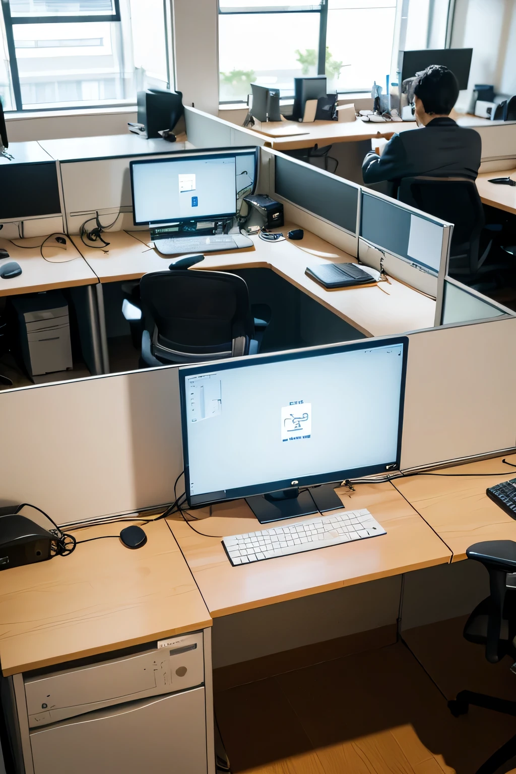In an open workspace,Many people work in a large office with,office interior,Office full of people, office furniture,Office cubicles,multiple tables,Female Product Manager, Male front-end engineer, Male backend engineer, The male protagonist Li Jun is a Java engineer, Female UI Design, busy room, Movie scenes in the office, working in office, daily life,movie poster,Non-quadratic,non anime,One per person,Screen27寸,Screen,Front-end program code,HTML