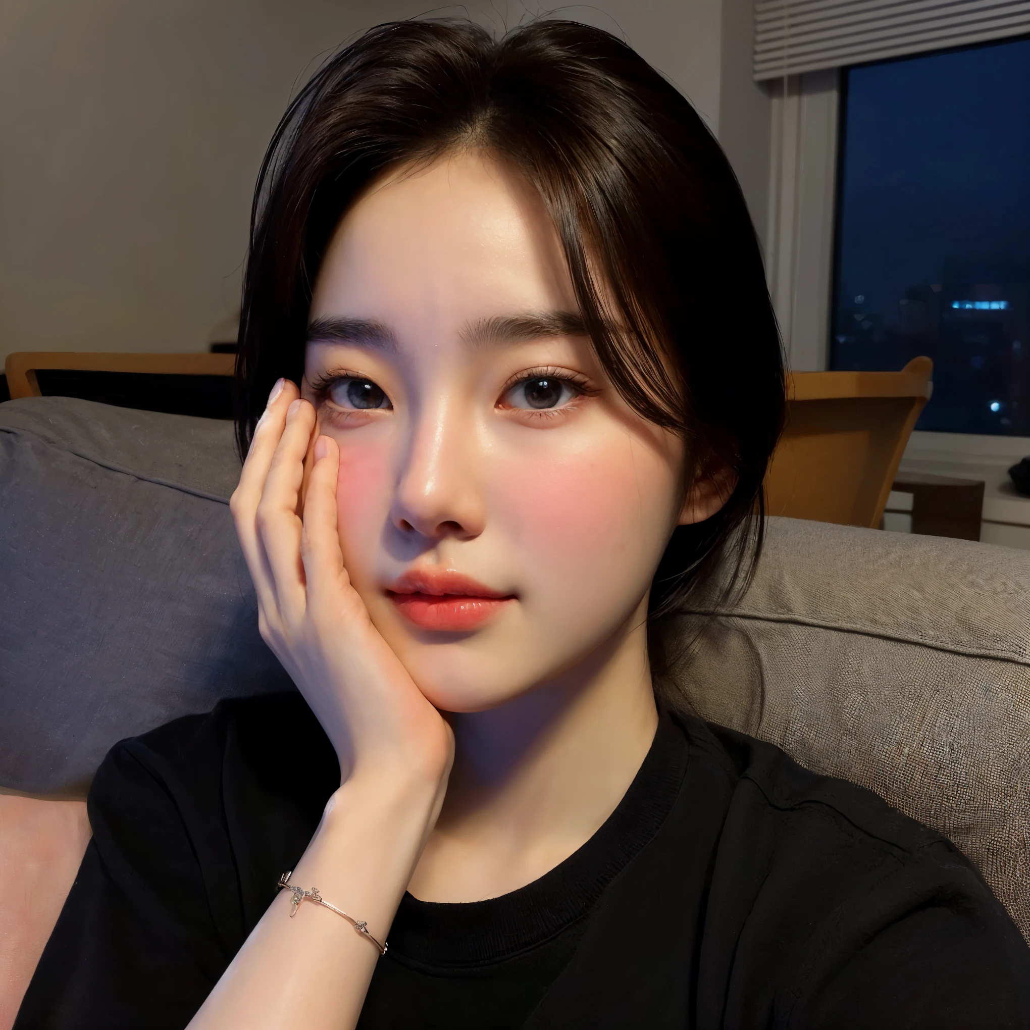 (((Naked, rounded breast, bustup shot, closeup body, sleepy eyes, front body view, rounded navel, pregnant, medium short hair))), (((Korean girl, clean face))), (((172 cm height and 55 kg body weight, fat body))). Sitting on sofa at night, 800mm lens, realistic, hyperrealistic, professional photography, deep photography, ultra HD, very high quality, best quality, HDR10+, Dolby Vision, focus photo, deep focus, very detailed, original photo, ultra sharp, inside apartment bedroom.