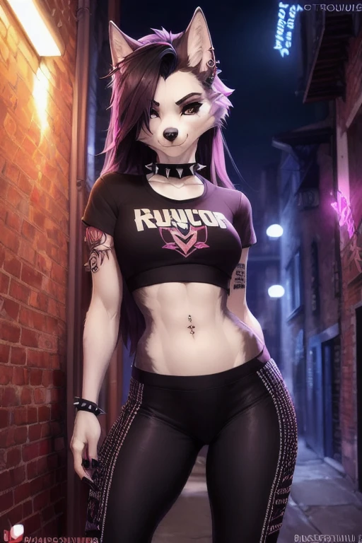 uploaded on e621, explicit content, 3d, (bastika, cutesexyrobutts, hioshiru), female, solo, wolf, dark alleyway setting, dimly lit, worn brick, graffiti, transformer box, piping, (yoga pants, punk t-shirt, spiked collar, eye shadow, black nails, tattoo), three-quarter portrait, closeup, forehead gem, long punk hair, wolf ears, (perfect detailed face),  (detailed eyes), (bellybutton piercing), looking at viewer,