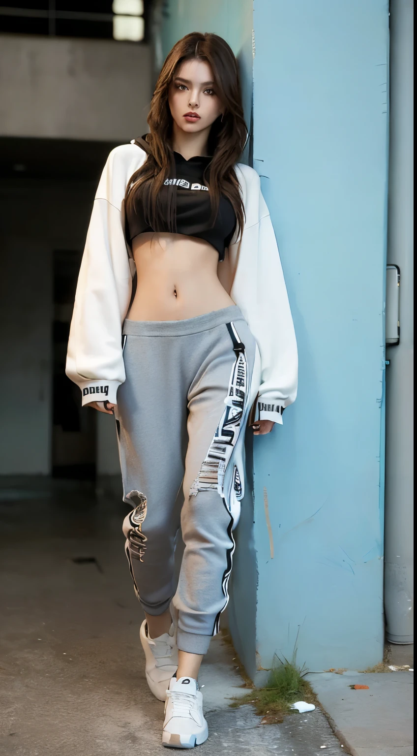 ((Best quality, 8k, Masterpiece :1.3)), Fashion photography, A tall and pretty woman, Perfect figure :1.4, Slender abs, Dark brown hair, Big breasts, Crop top covered by open hoodie, Pants, Sneakers, Graffiti art on wall, Highly detailed face and skin texture, Detailed eyes, Double eyelid