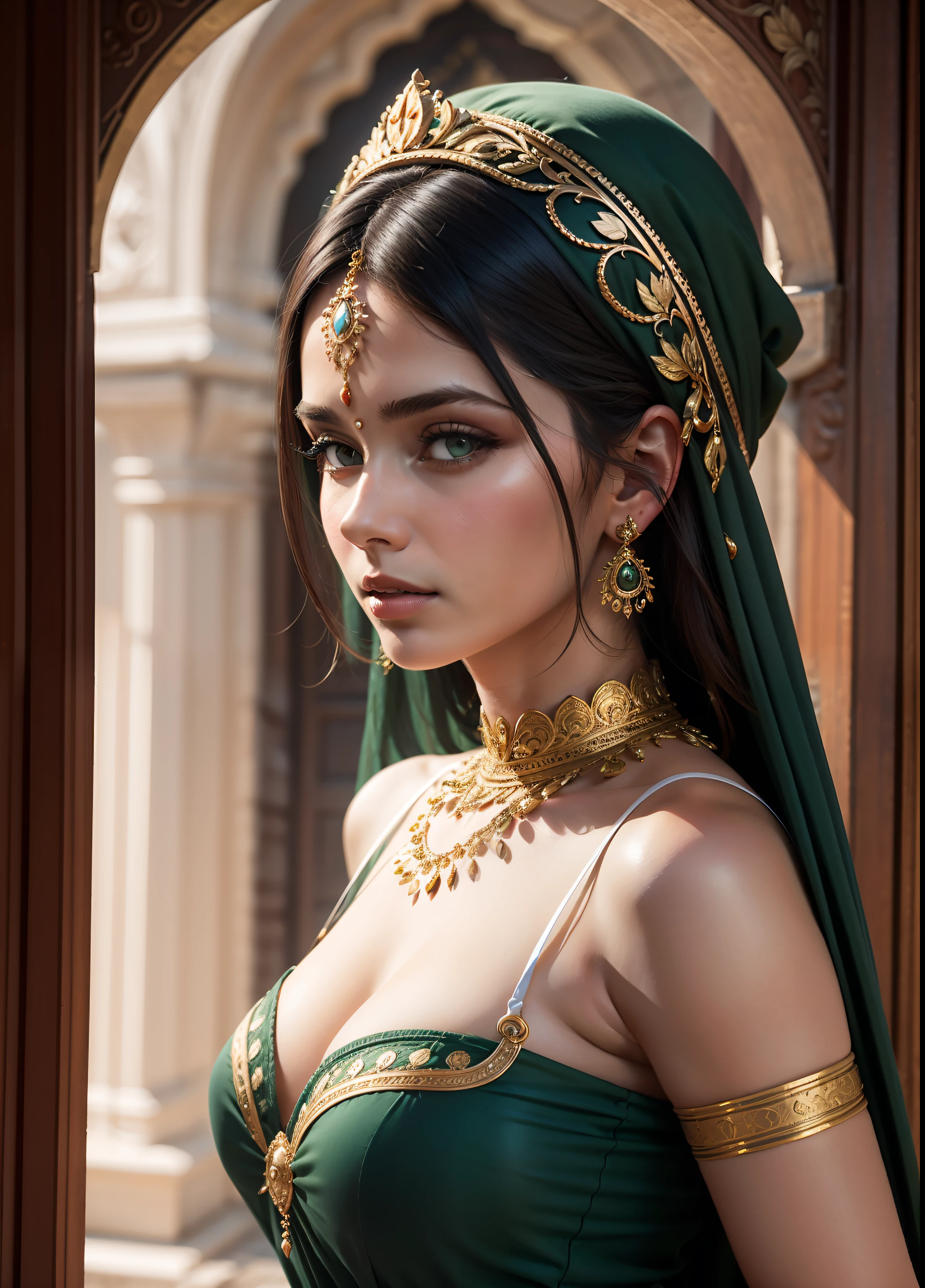 European Woman in India, ornate, Dark green and white