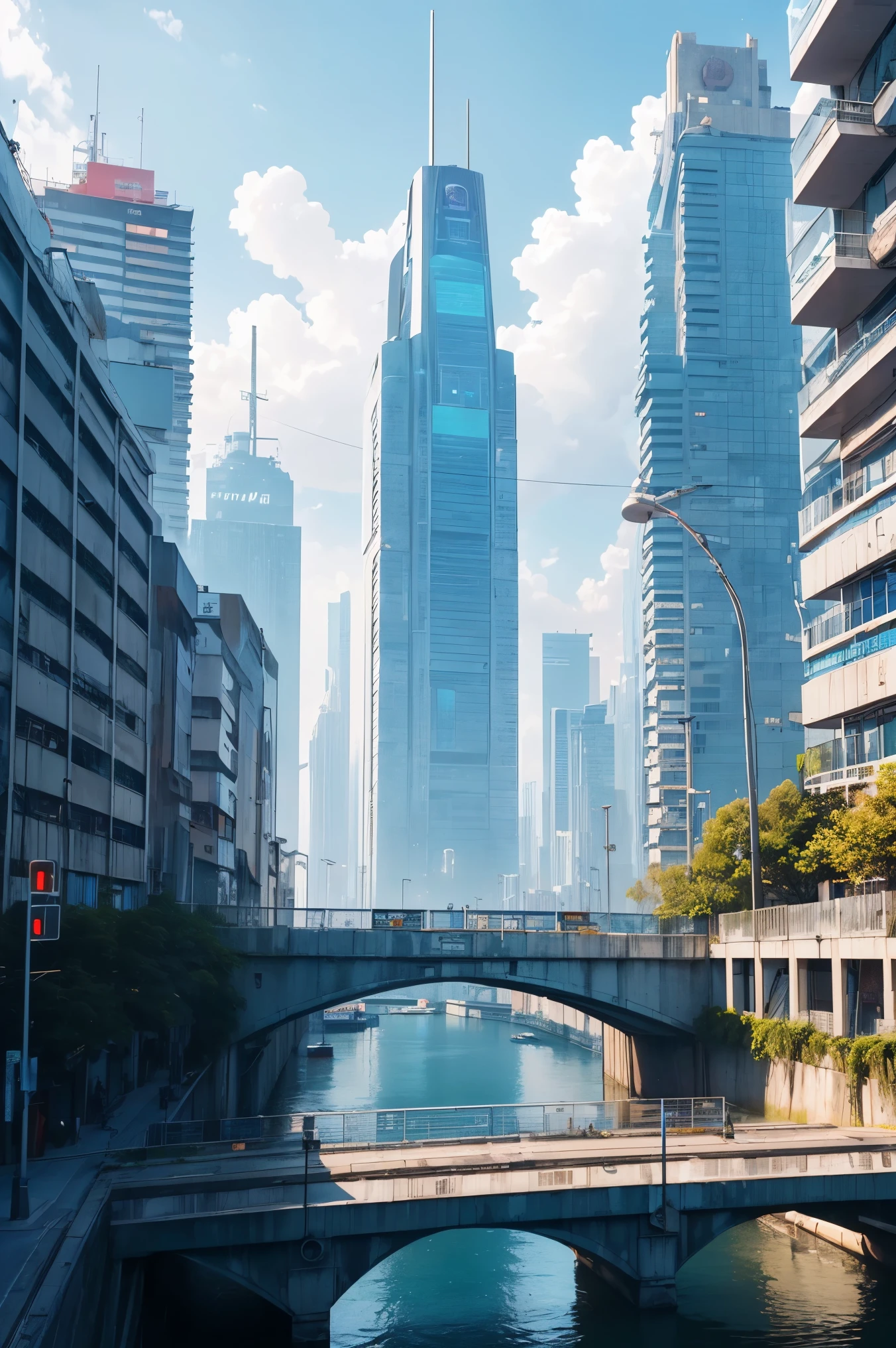 ((Futuro ciberpunk)),imagen del centro de una ciudad ciberpunk,rodeada de edificios con un rio en medio,ferry en la ciudad,ferry amarillo,punte atravesando la ciudad,letreros con publicidad por todas partes,futuro retro