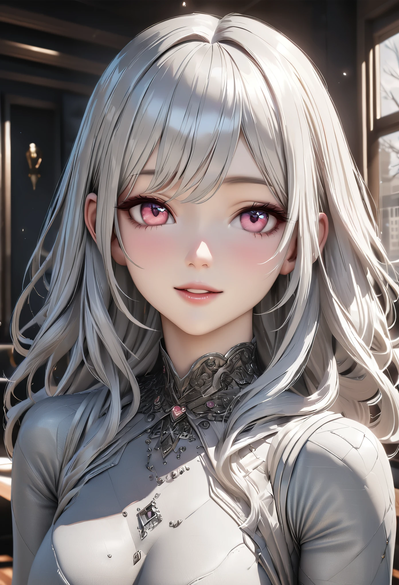 highest quality, expensiveest quality, Super detailed, expensive definition, expensive resolution, HDR, 4k, 8K, unity 8K wallpaper, expensively detailed CG, masterpiece, realistic, photorealistic, 2D, 3D, beautiful details, depth, fine texture , super fine: 1.3, Fully focused, crispy skin, .he, very cute anime girl with long silver hair in expensive , smile, one girl, alone, long silver hair, expensive , looking at the viewer, blush, parted lips, Heart, pink eyes