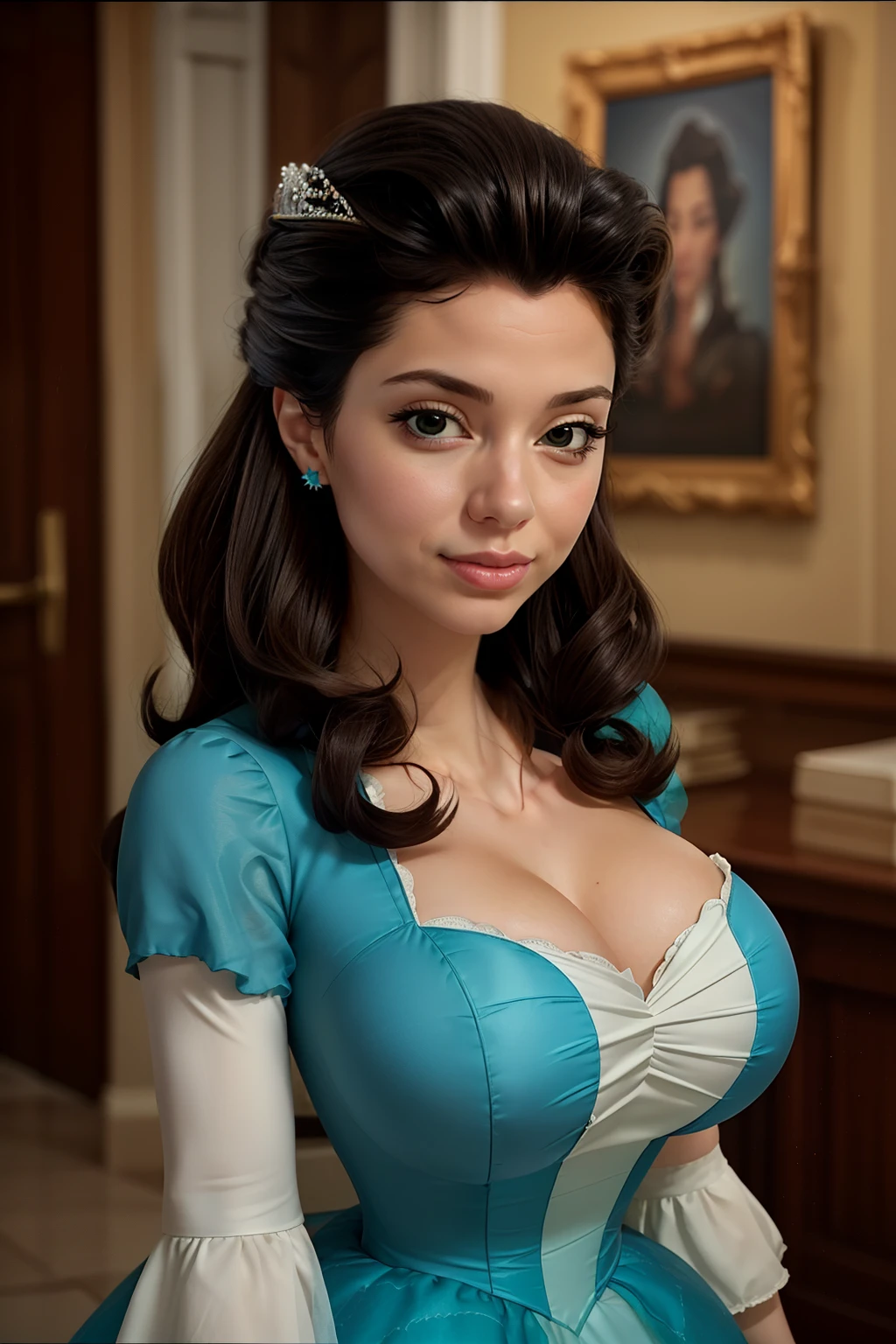 (masterpiece, realistic:1.3), (high quality, detailed:1.3), (huge breasts:1.2), (musuclar female:0.8), (upper body, portrait, blank background:1.1), (aqua dress, cleavage, princess gown), princess hildegard