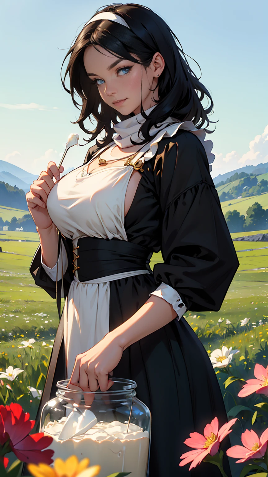 (masterpiece, Best quality, A high resolution, ultra detailed),(beautiful and aesthetically pleasing:1.2), 1 woman, adult, perfect body, wavy black hair, pretty haircut, (green eyes), detailed eyes and face, whole body, milkmaid costume, Head scarf, cow, milk a cow, Field of flowers, haystack, jar with milk, golden hour, milkmaid milking a cow