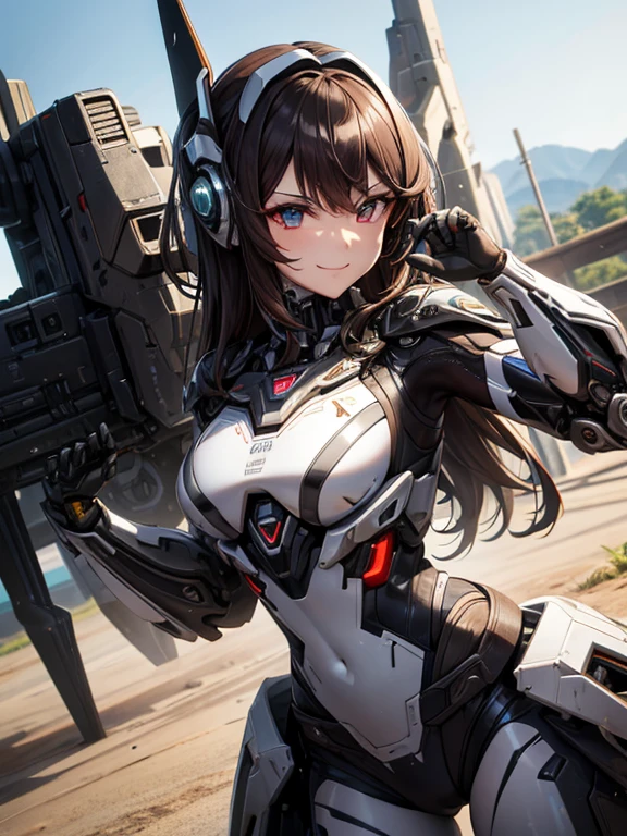 4k,obra maestra,A high resolution,absurdo,Natural volumetric lighting and optimal shadows,smile,Profundidad de campo,sharp focus,edgMechagirl,Una mujer con un traje futurista.,armadura futurista,usando edgMechaGirl cyber_Armadura,tiro del vaquero,Dark brown hair,corto, ojos rojos,