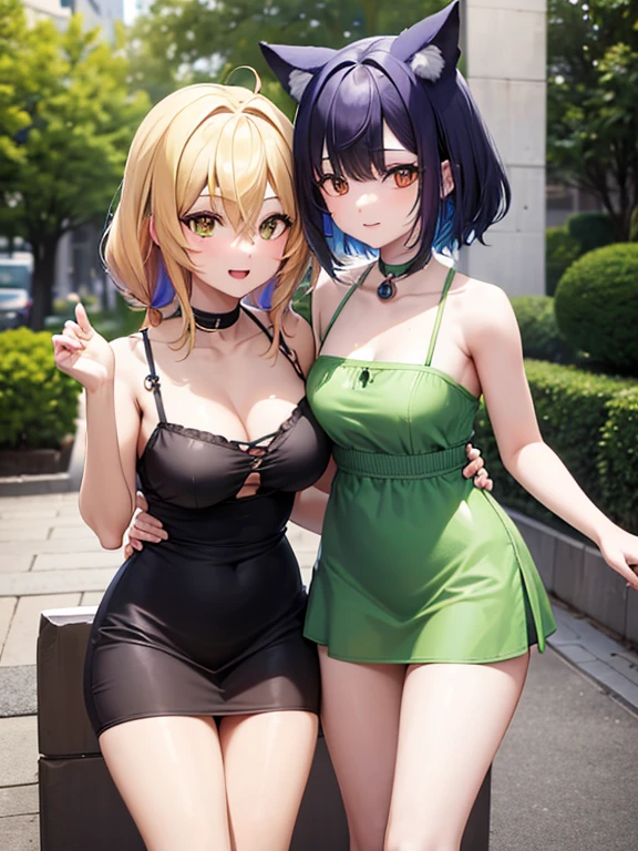 ((obra maestra de anime TV)), (enfoque medio cuerpo), Pareja chico y chica adultos, several poses together you can see the mutual attraction, chica Fox pelo largo gris, color verde radiante iris brillan del ojo verde, chico pelo corto bicolor, His eyes are also bright bicolor radiant, -auto