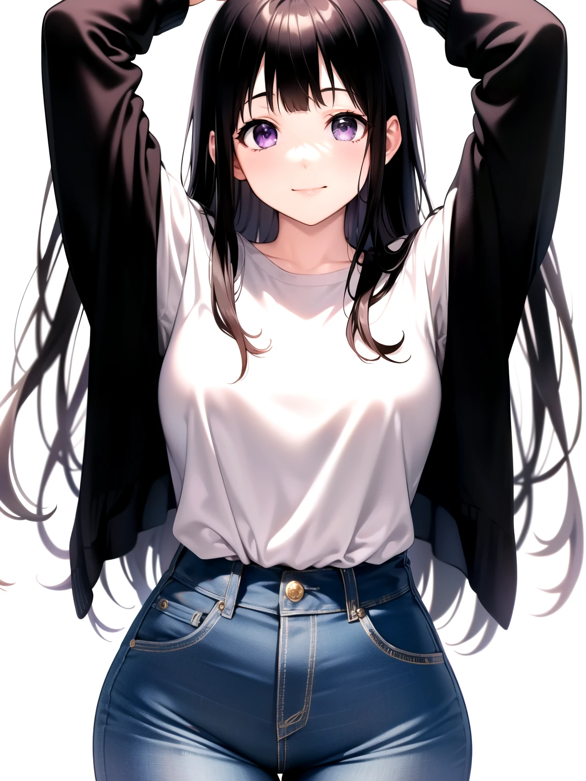 (A superb exquisite Chitanda Eru), (mature face), intricate details, (finely detailed beautiful eyes: 1.2), purple eyes, long black hair, natural straight hair, straight bangs, solo, [Small_breasts: large_breasts: 0.5], extremely delicate, peerless beautiful girl, dreamy quality, solid color, bright lips, slender waist, straight curves, soft lights and shadows, super fine, 8K HD, (masterpiece:1.4), (((timid smile, fashionable, casual clothes, white background)))