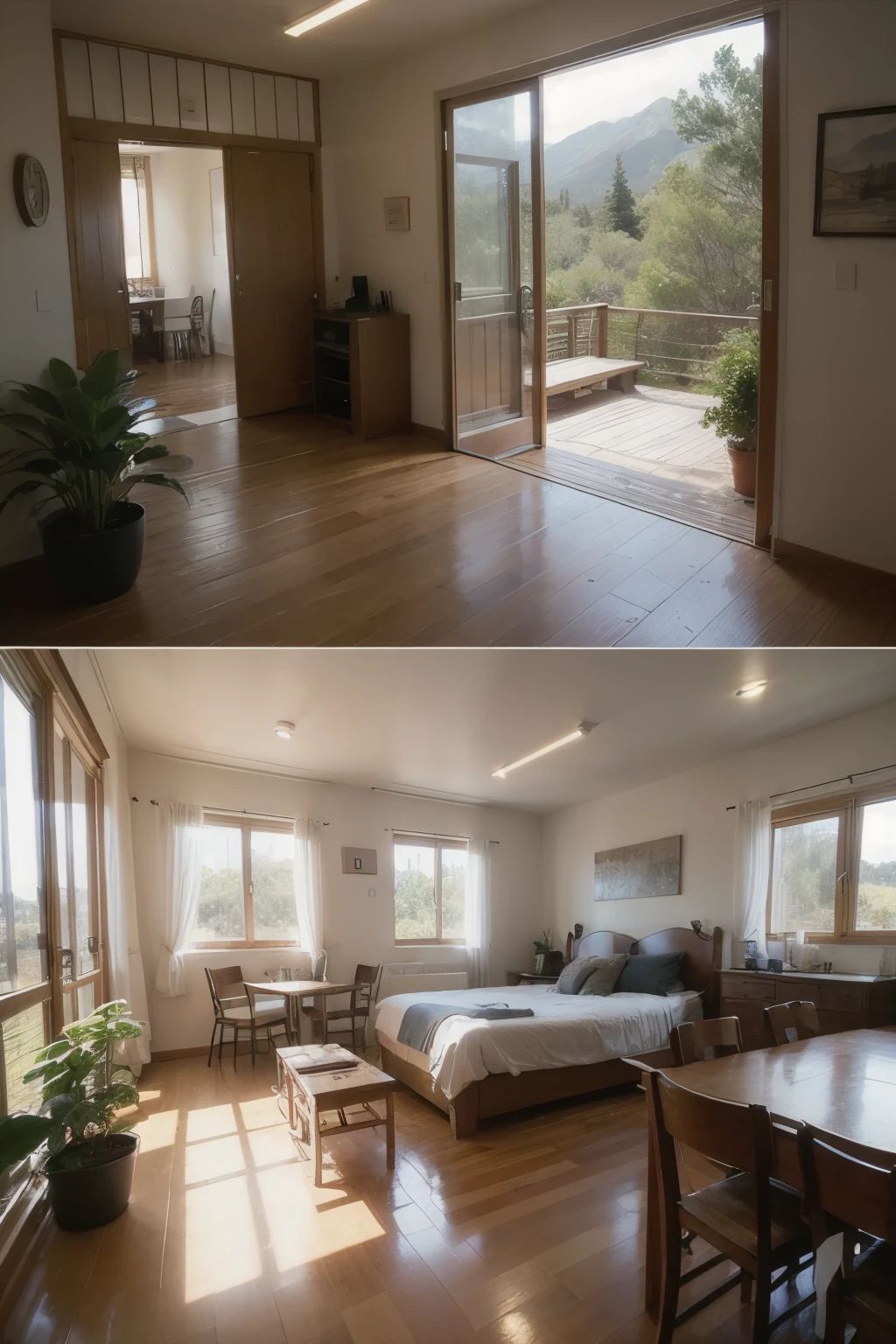 house in the forrest with warm ligths from inside, clean white walls, glass railing, background are the cuchumatanes mountains, groundcover grass