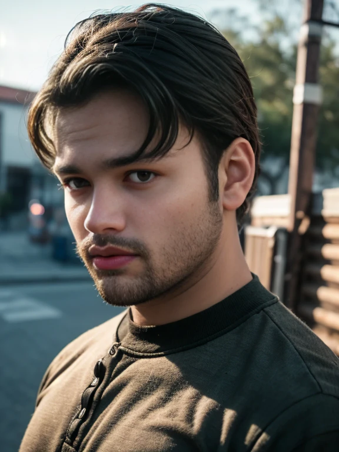 A beautiful young bearded man with highly detailed skin looking at the camera,8k,high res, soft light,no contrast,ultra realistic, photorealism.((real life photo,realistic:1.9, short beard:1))