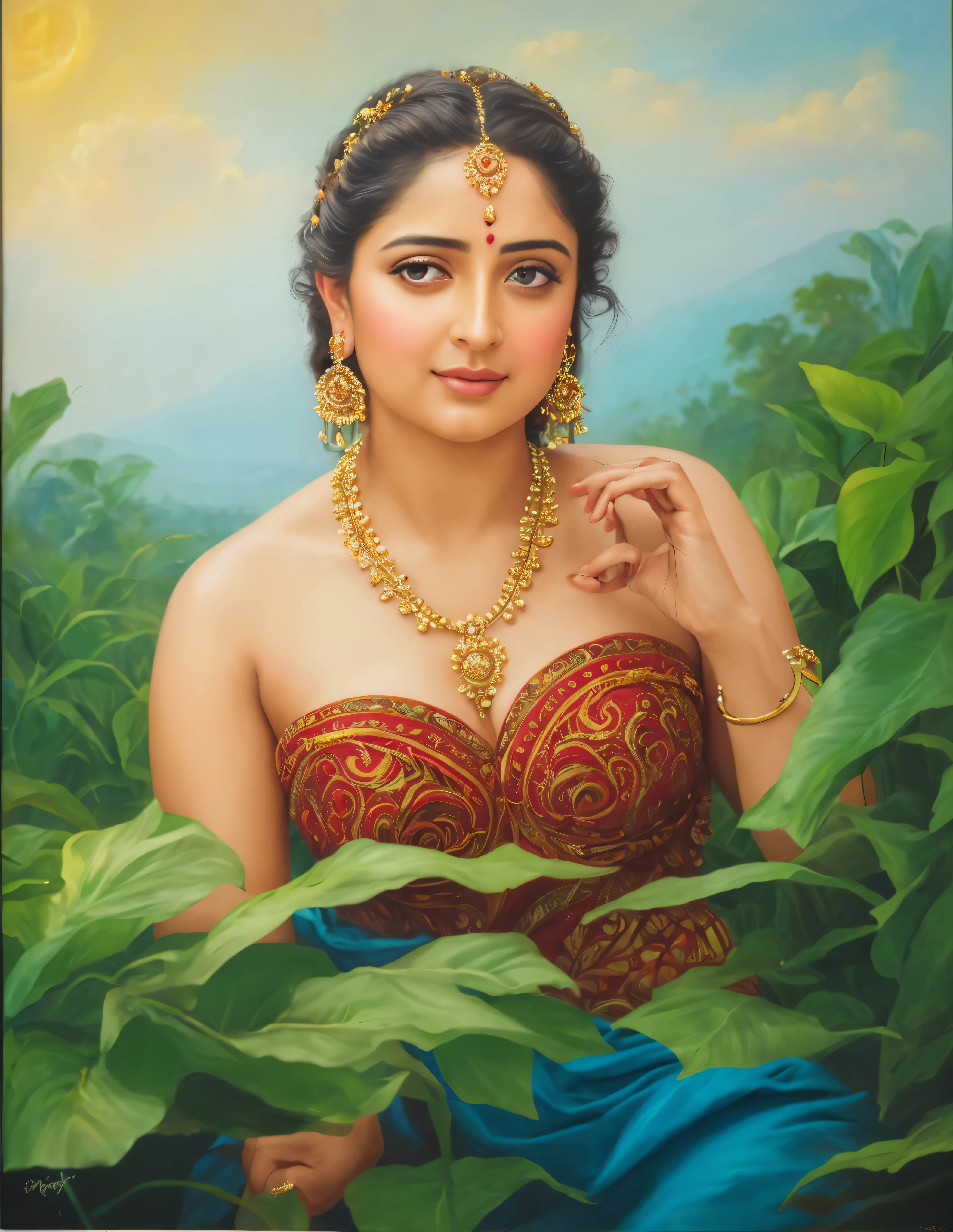 Looks like Anushka Shetty, Masterpiece, Best quality, high clarity eyes, critically flawless,sharp picture, Full portrait, High pixels, perfect face, perfect eyes, beautiful face, perfect hands,perfect fingers, in Peter Paul Rubens style, by Peter Paul Rubens, baroque style, acrylic on canvas, highly detailed, description: "Create a nymph inspired by the tales of Greek or Roman mythology, embodying the essence of a natural element or location, and possessing a unique ability or trait that sets her apart.", strapless Bra of ancient times, strapless bralette, armpits showing, Indian sensibility, sundari, Apsara, goddess, 
