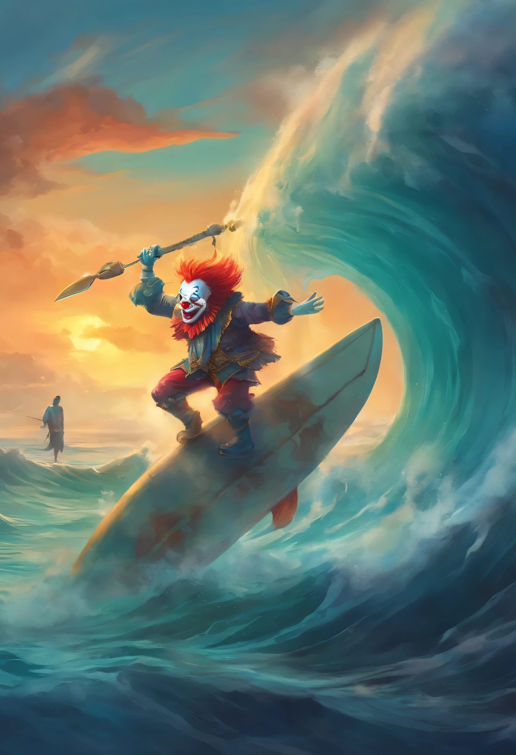  sinister clown surfing the ocean carrying a shark tied on a chain like a dog and in the other hand a sign with the phrase "surfeando la ola" y en su tabla de surf el nombre Celownoficial