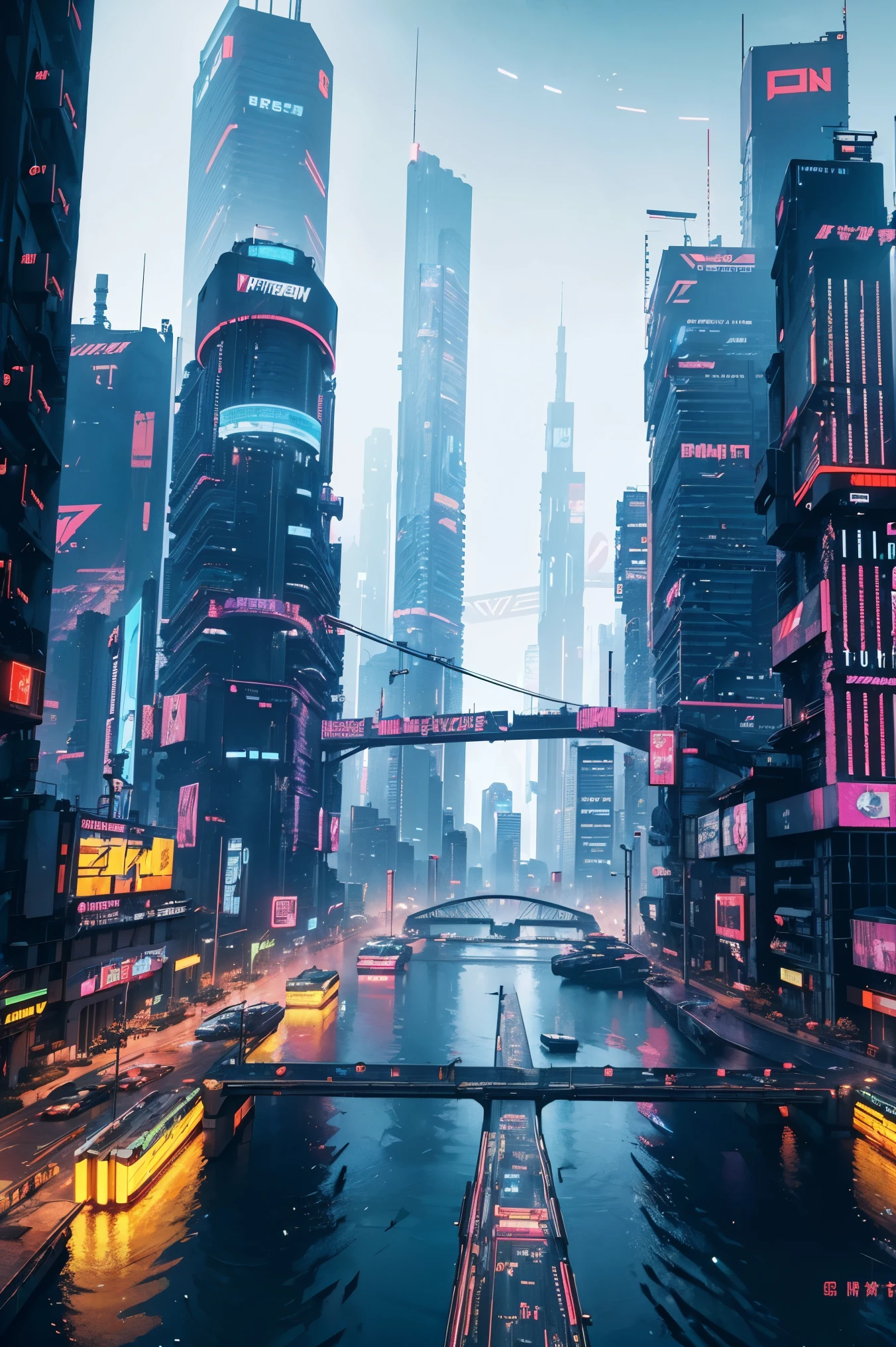 ((Cyberpunk future)), image of the center of a cyberpunk city, surrounded by buildings with a river in the middle, ferry in the city, yellow ferry, point crossing the city, advertising signs everywhere, retro future