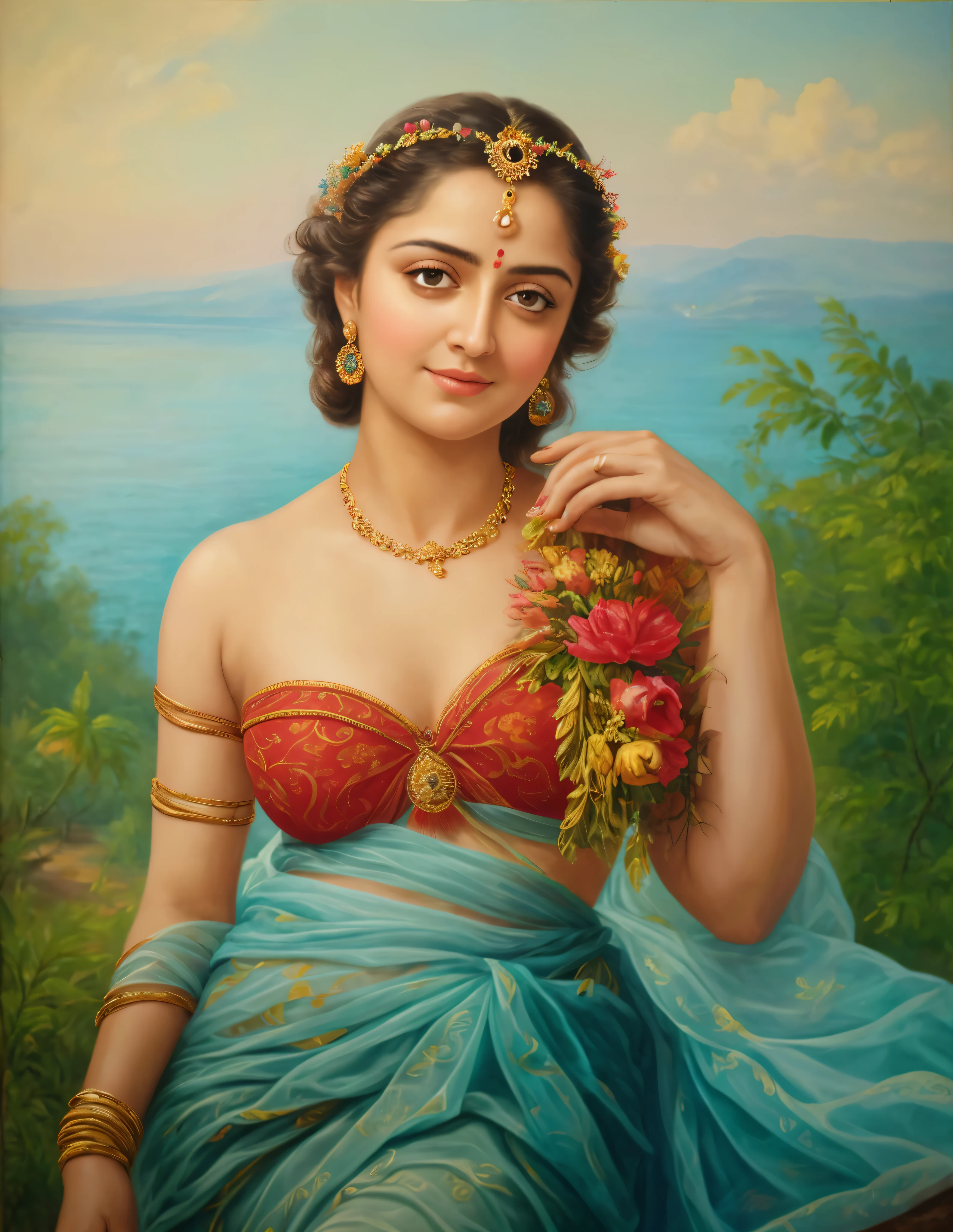 Looks like Anushka Shetty, Masterpiece, Best quality, high clarity eyes, critically flawless,sharp picture, Full portrait, High pixels, perfect face, perfect eyes, beautiful face, perfect hands,perfect fingers, in Peter Paul Rubens style, by Peter Paul Rubens, baroque style, acrylic on canvas, highly detailed, description: "Create a nymph inspired by the tales of Greek or Roman mythology, embodying the essence of a natural element or location, and possessing a unique ability or trait that sets her apart.", strapless Bra of ancient times, strapless bralette, armpits showing, Indian sensibility, sundari, Apsara, goddess, 