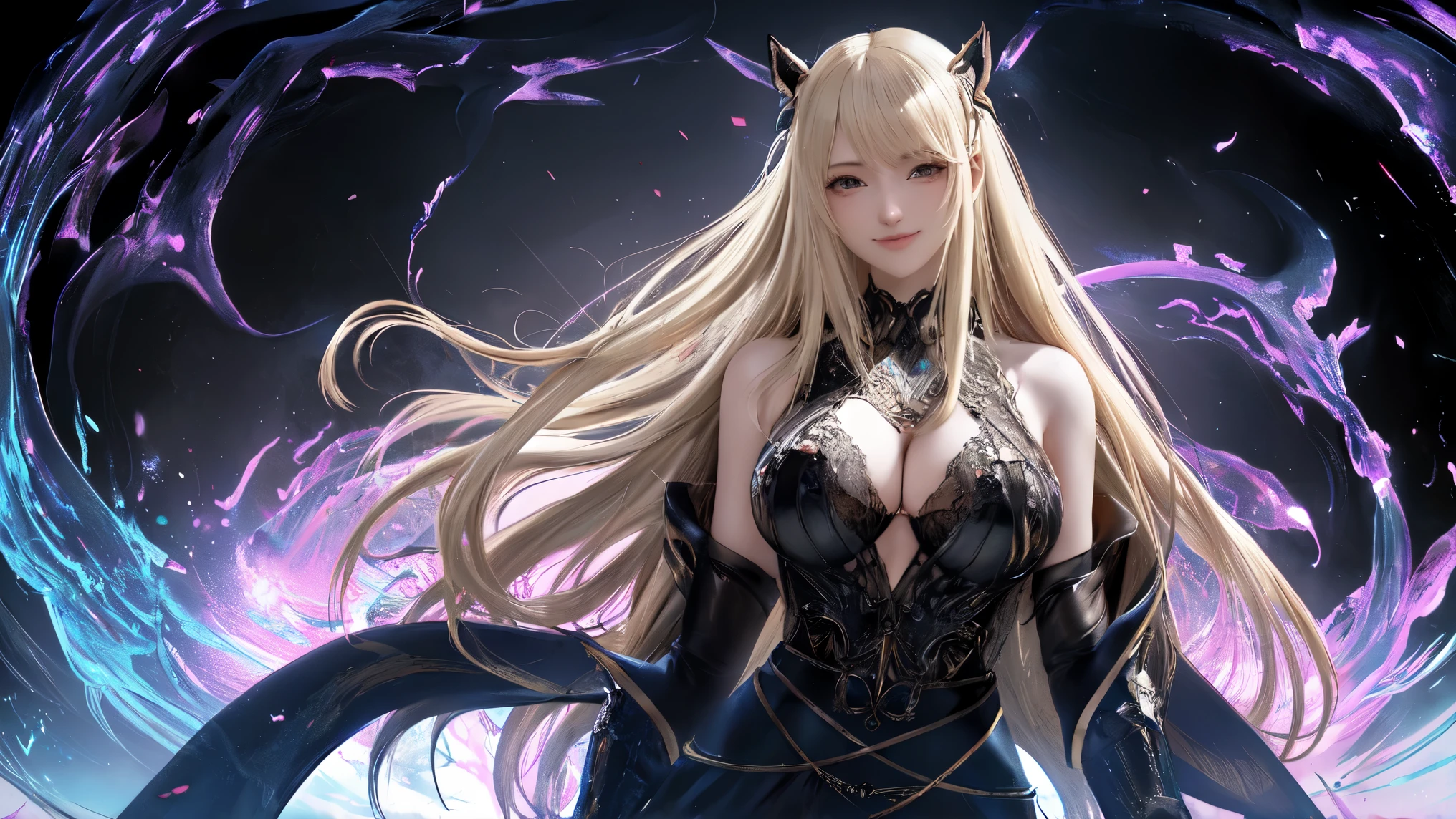 , girl in black japanese , badass anime 8k, anime art wallpaper 4k, anime art wallpaper 4k, fantasy anime artwork 2.5 d cgi, art wallpaper 8k anime, digital detailed anime art, beautiful fantasy anime, epic anime artwork, 4k anime wallpaper, detailed anime artwork, sexy, sexy, woman, anime style, best quality, extremely detailed, best shadows), (detailed background, dark fantasy), (beautiful detailed faces), high contrast, (best lighting, extremely delicate and beautiful), ((cinematic lighting)), colorful, super detailed, dramatic lighting, intricate details, (1 girl, solo, sharp face, . Blonde, super long hair , thin bangs, long eyelashes, dynamic angle), blood splatter, black light swirling around character, depth of field, black light particles, (broken glasagic circle