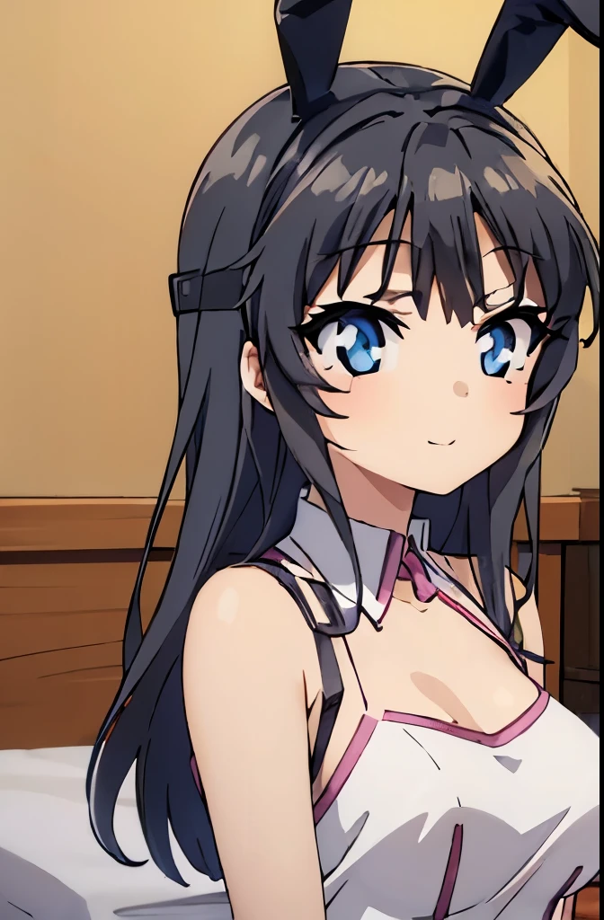 ((muste piece)), ((best quality)), (Super detailed), anime style etc.,peeing on the bed, pretty girl, 1 girl, solo, ((beautiful eyes)), shy smile, ((open chest)), ((cute nipples)), small breast, bunny girl00, beautiful black hair