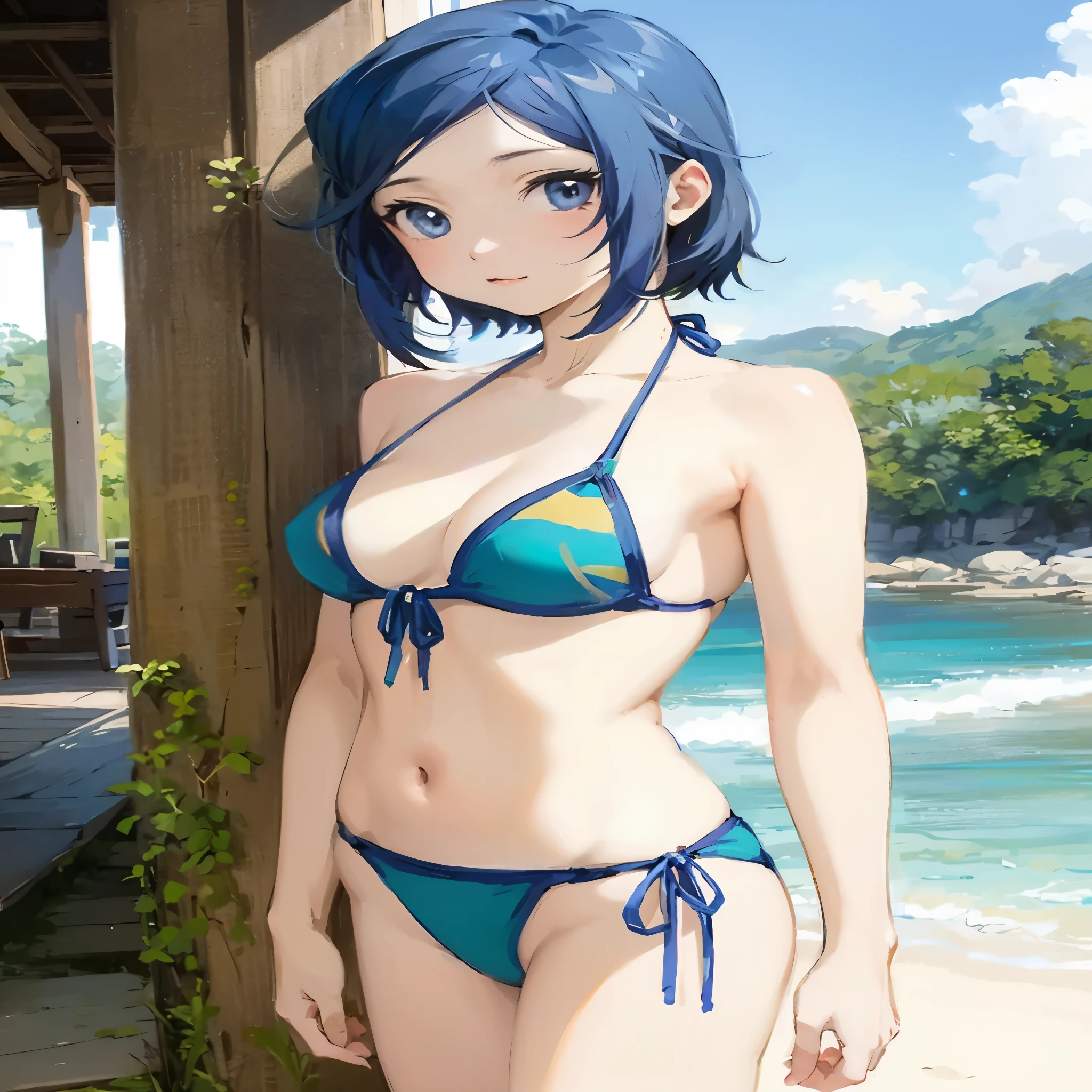 anime girl in a bikini standing on a beach next to a wooden structure, realistic bikini, blue bikini, smooth anime cg art, mayuri shiina, swimsuit, attire: bikini, photorealistic anime girl render, in bikini, is wearing a swimsuit, seductive anime girl, painted in anime painter studio, made with anime painter studio, at a beach, rin, bathing suit