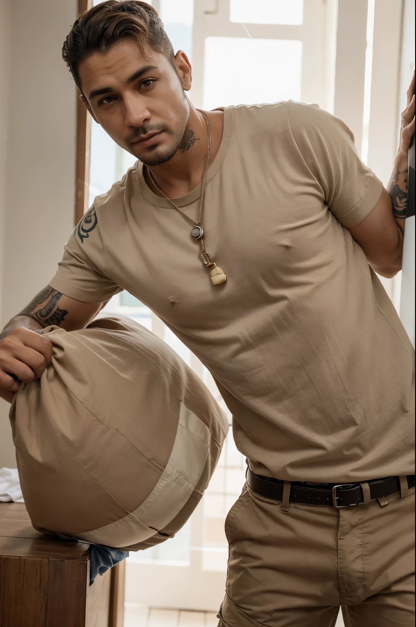 Crie um avatar adulto masculino, pele branca, olhos castanho claros, cabelos brancos raspados, com tatuagens pelo corpo, wearing beige blouse and beige cargo pants, sapatos brancos. Estilo realista