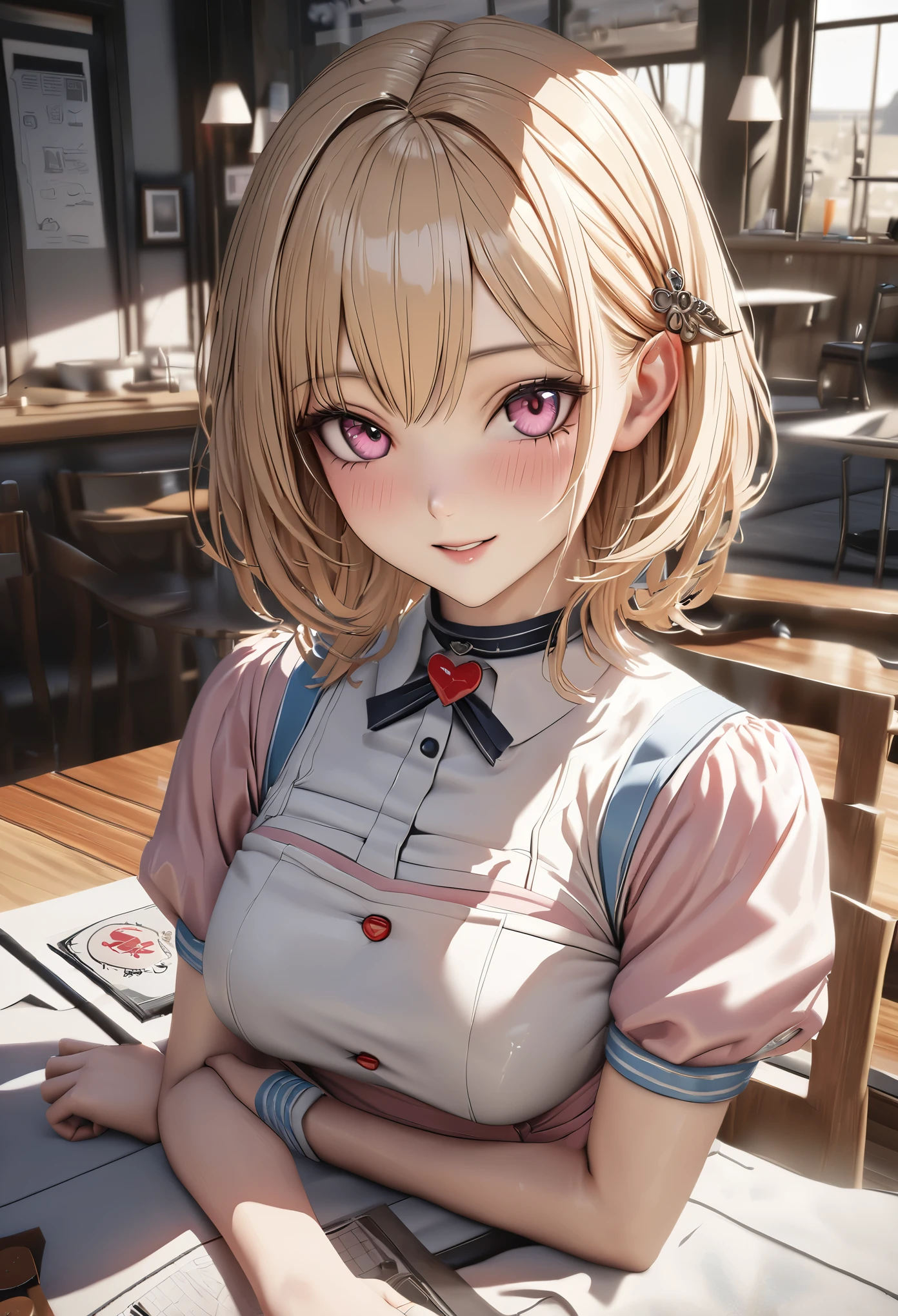 Top quality, best quality, super detailed, hi-res, high resolution, HDR, 4k, 8k, unity 8k wallpaper, highly detailed CG, masterpiece, realistic, photorealistic, 2D, 3D, beautiful details, depth, fine textures , ultra-fine: 1.3, fully focused, crispy.skin, .berak, A very cute anime girl with blonde short hair in a stewardess outfit, her name is Claire,smile, one girl, solo, blonde short hair, a mole under her eyes, looking at the viewer, waitress outfit , blush, mole, parted lips, hair ornament, heart , pink eyes, choker