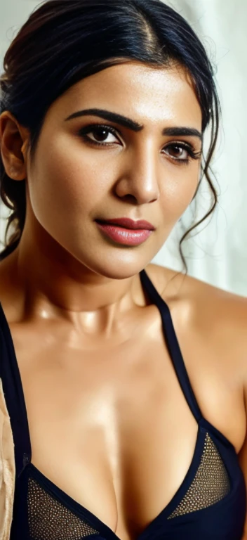 Bold photo of samantha ruth prabhu, Samantha ruth prabhu, Photorealistic blrs woman, wearing tiny black bikini, detailed short messy hair, mid shot, Detailed skin, detailed body, pale blue eyes, Natural Skin Texture, skin detail, shiny skin, shiny glossy skin, WET skin, wet body, glossy skin, oily skin, Mediterranean tan, realistic skin, skin pores, intricate detail, raw photo, mature female, glossy lips, luscious lips, pretty nose, lifelike rendering, immersive atmosphere, chiaroscuro, moody lighting, perfect female body, on a bed after shower