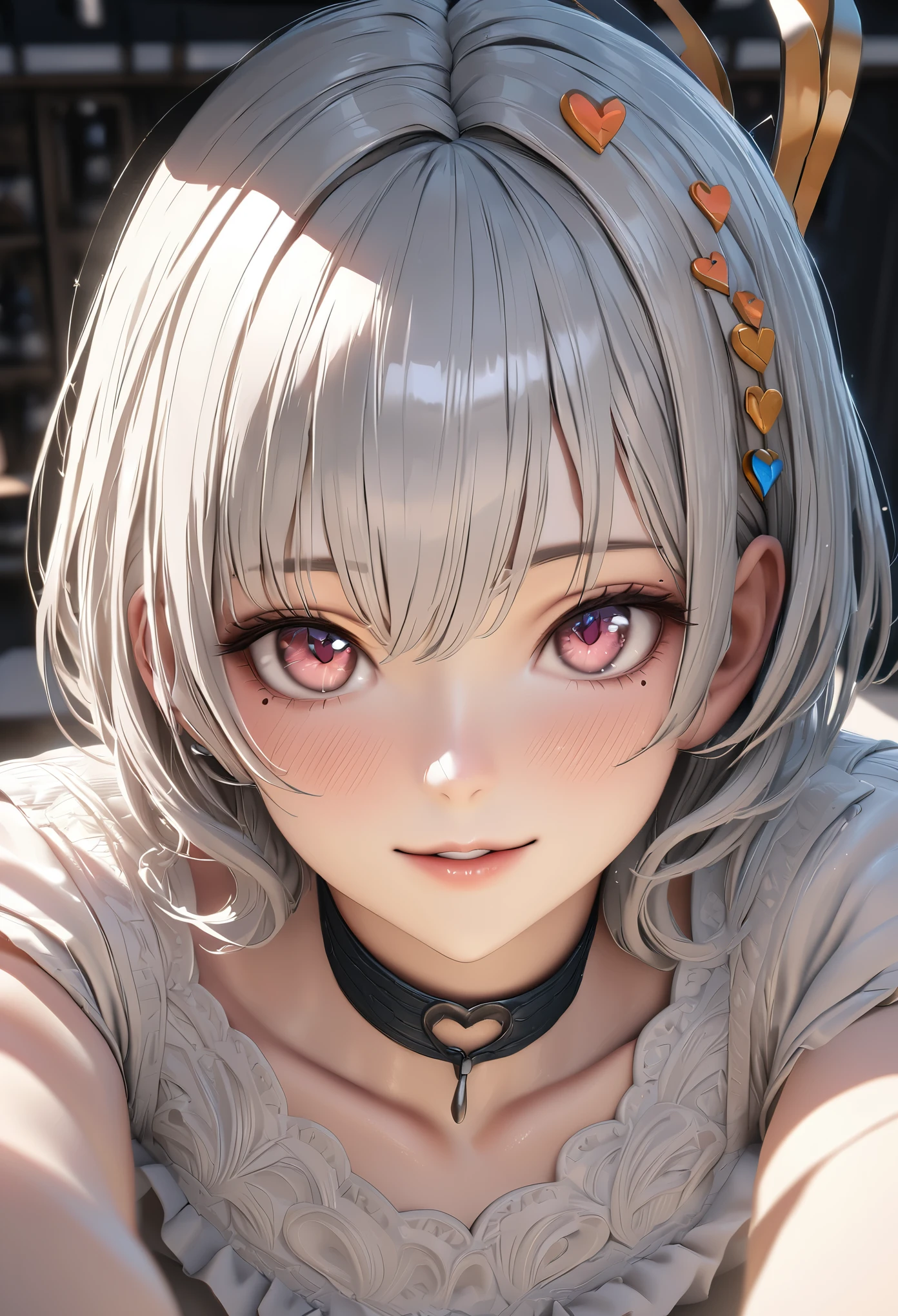 Top quality, best quality, super detailed, hi-res, high resolution, HDR, 4k, 8k, unity 8k wallpaper, highly detailed CG, masterpiece, realistic, photorealistic, 2D, 3D, beautiful details, depth, fine textures , ultra-fine: 1.3, fully focused, crispy.skin, .berak,
A very cute anime girl with silver short hair high , her name is Mia, smiling, one girl, solo, short silver hair, a mole under her eyes, looking at the viewer, high , blush, mole, parted lips, hair ornament, heart, pink eyes, choker