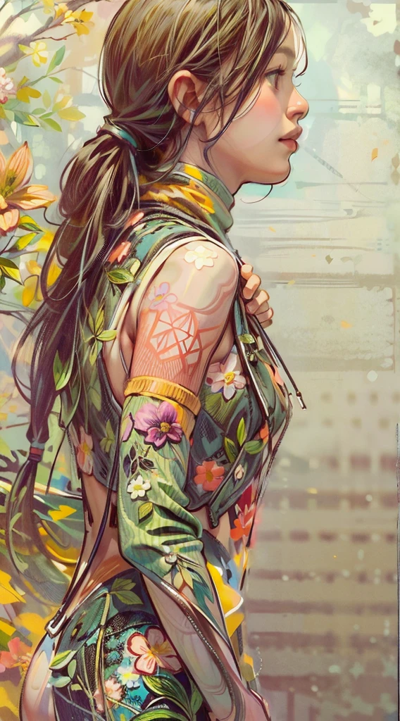 girl. green:1.5, orange:1.1, white:1.3, yellow:1.3, (очень сексуальная girl рэпер с дредами- волосами),tattoos,(naked body parts), (down jacket :1.2),(Jacket on a naked body).fractal,Flowers,leaves,Fog,lines,circles background