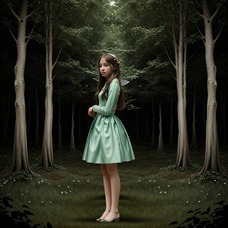 "Illustration for a fairy tale about a girl, standing in the forest, who can talk to animals