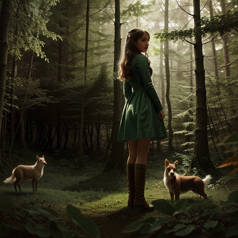 "Illustration for a fairy tale about a girl, standing in the forest, who can talk to animals