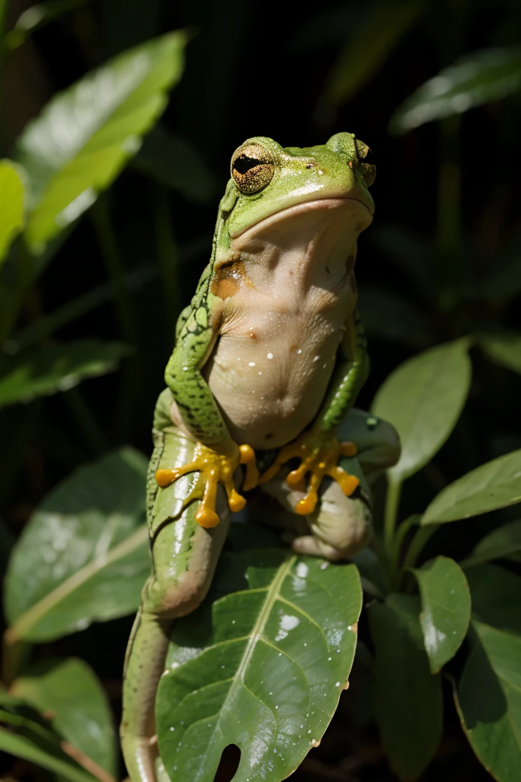 a frog on a plant hunting a dragonfly
