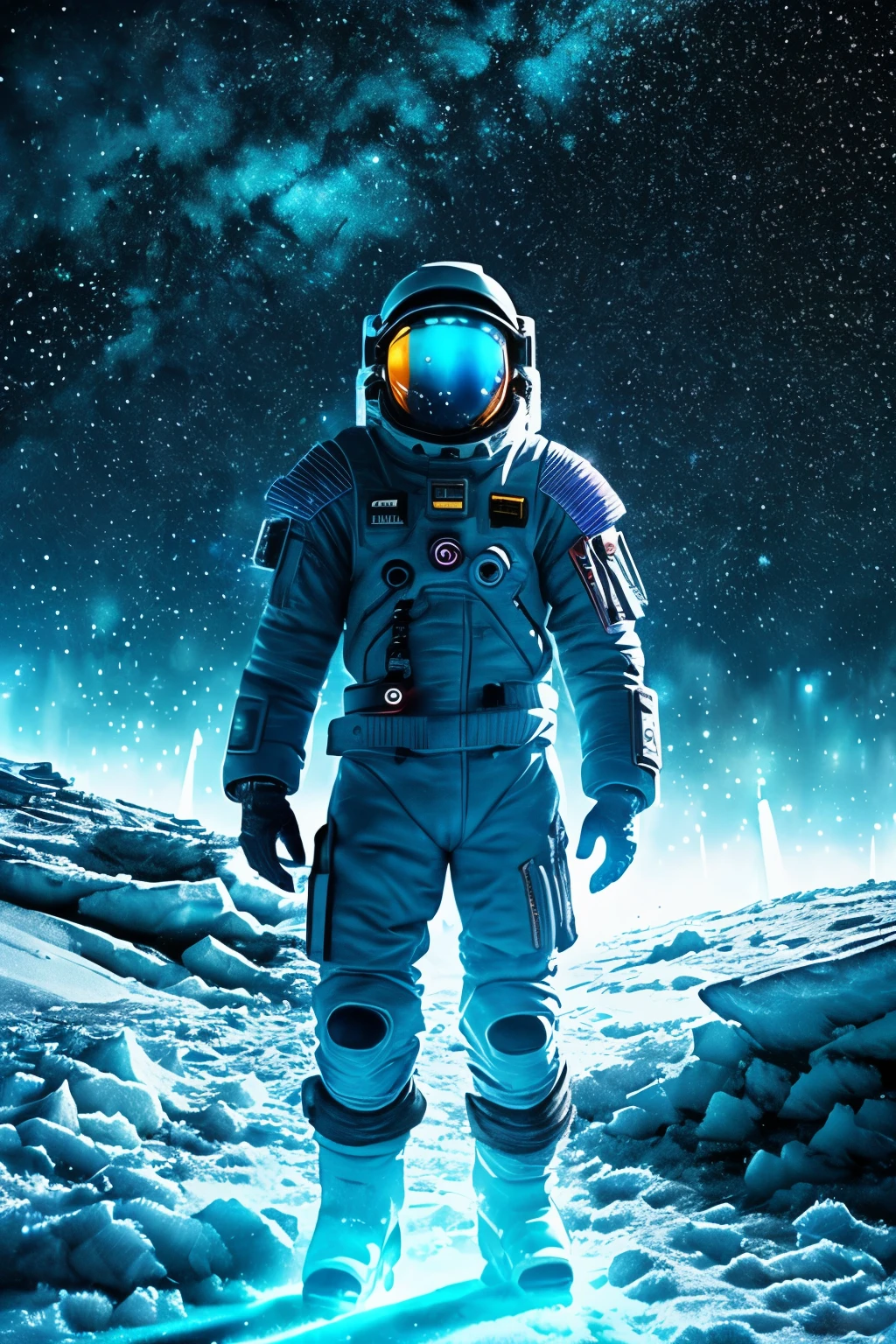 cyberpunk astronaut, lone figure on a frozen glacial ice planet 🌨️ ❄️🏔, surrounded by many glowing, shining, shimmering stars ⭐🌟✨, a scene of snowy, frosty, starry, glitter pointillism magic,
close-up portrait captures the intricacies of his high-tech cybernetic enhancements,
neon watercolor details bring the ice planet's harsh environment to life,
paint splatters and drips add a raw, organic element to the unyielding neon backdrop,
high definition, high details UHD 32k rendering