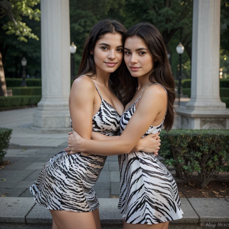 Photography, realistic image and precise details of the face and body, high-quality resolution, raw image, perfect lighting, two beautiful girls, 25 years old, Italian beauty, black and white tiger fabric dress, short, casual fashion clothes, Hollywood smile, side hug, love pose ,Public garden,