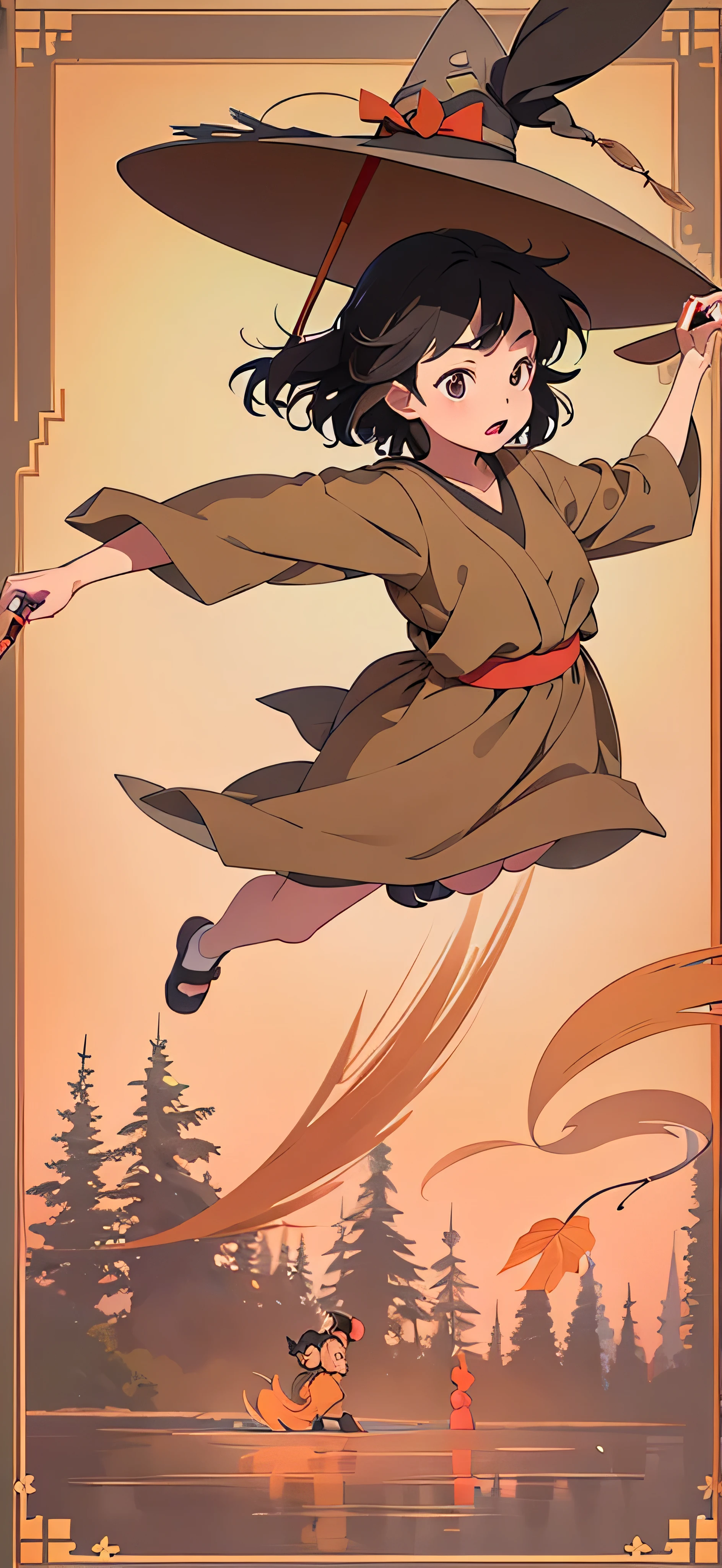 kiki, girl flying on a broomstick, with a minimalistic background, (Best quality at best, masterpiece, offcial art, professional:1.2), featuring the iconic scenes from studio Ghibli film "Kiki's Delivery Service". The artwork showcases Kiki, wearing her signature witch outfit