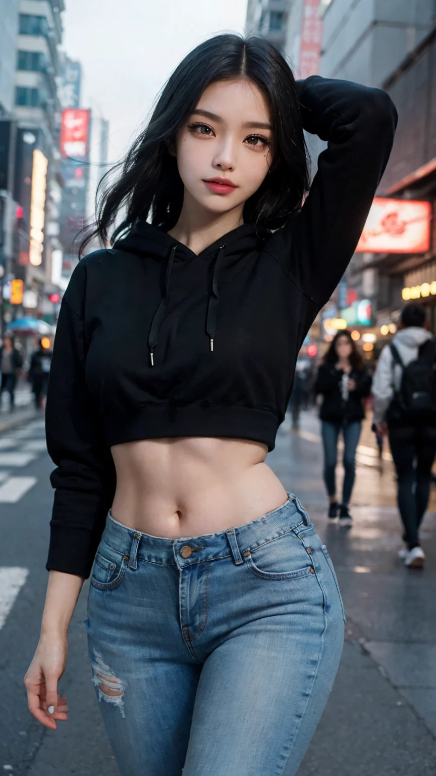 Masterpiece: 1.25, Best quality, High resolution:1.35, RAW photo:1.2, Photorealistic:1.37, Hyper-realistic, 16K, Original artwork, ((1girl)), Cute face, (Long eyelashes, detailed eyelashes), (eye shadows), (glowing eyes, realistic eyes), (Natural makeup, Clear facial features), (Curvy build, Slim body), Fine detailed beautiful eyes: 1.2, Happy Expression, Ulzzang, Fleshy thighs, Lustrous skin, Dynamic pose, Close up, Cowboy shot, (Cropped hoodie), Long jeans, Show armpits, A cup, Photon maping, Professional lighting, symmetry, Elegance, walking on the street, Neo tokyo